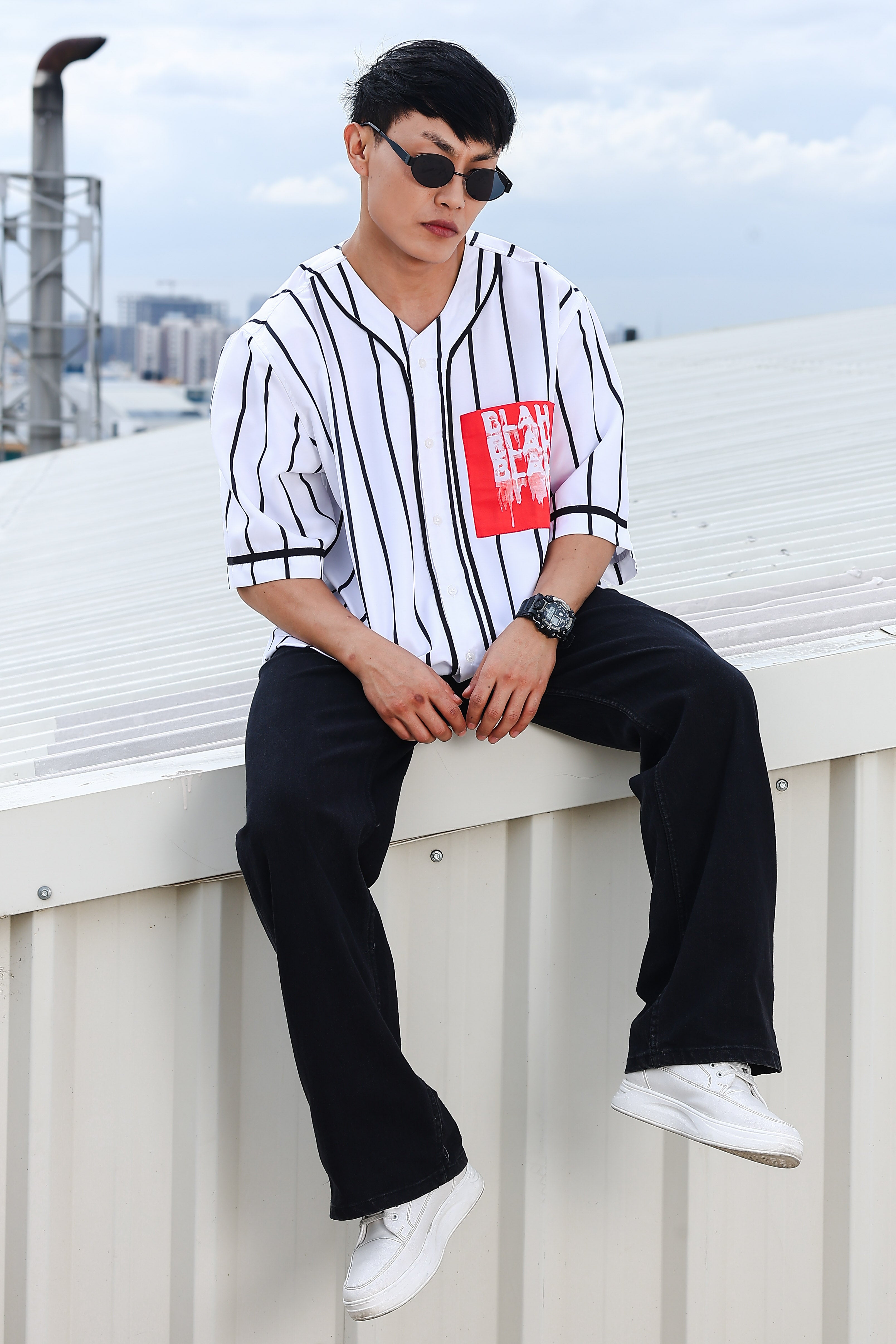 Men Stripe Printed White Classic Oversized Fit Baseball Shirt