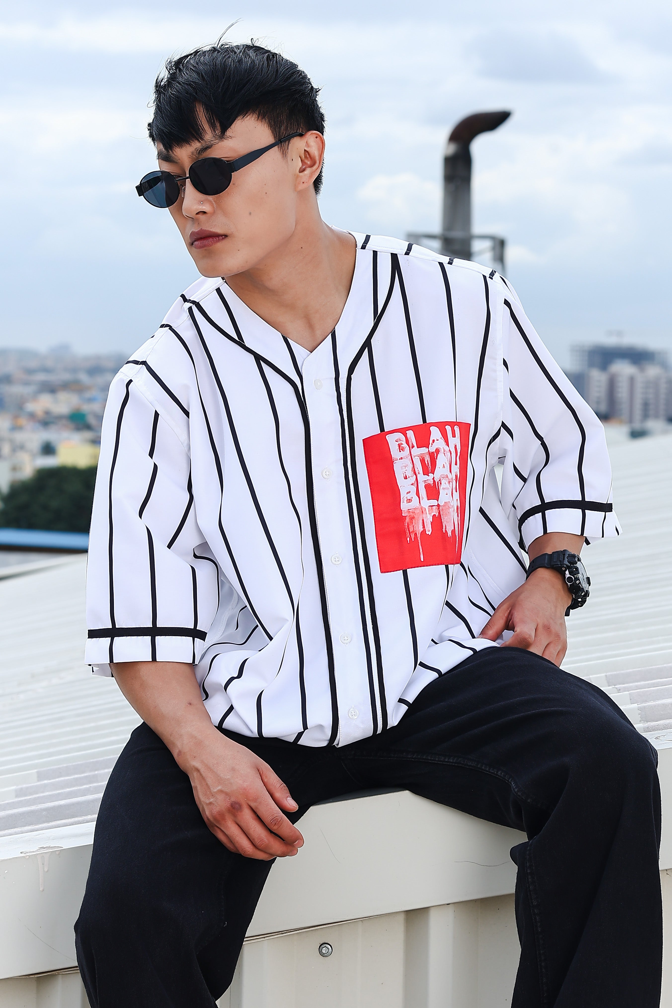 Men Stripe Printed White Classic Oversized Fit Baseball Shirt