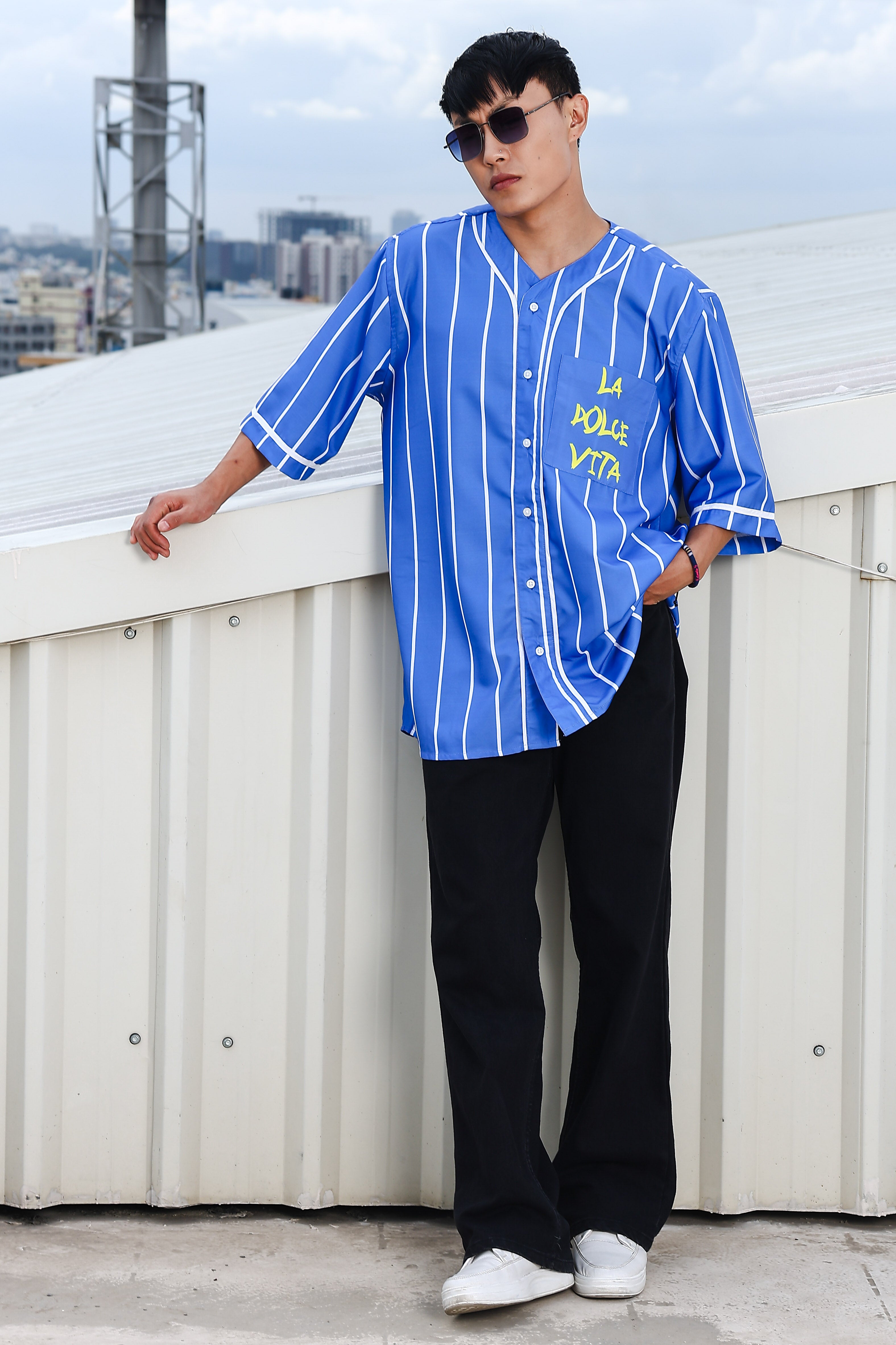 Men Stripe Printed Blue Classic Oversized Fit Baseball Shirt