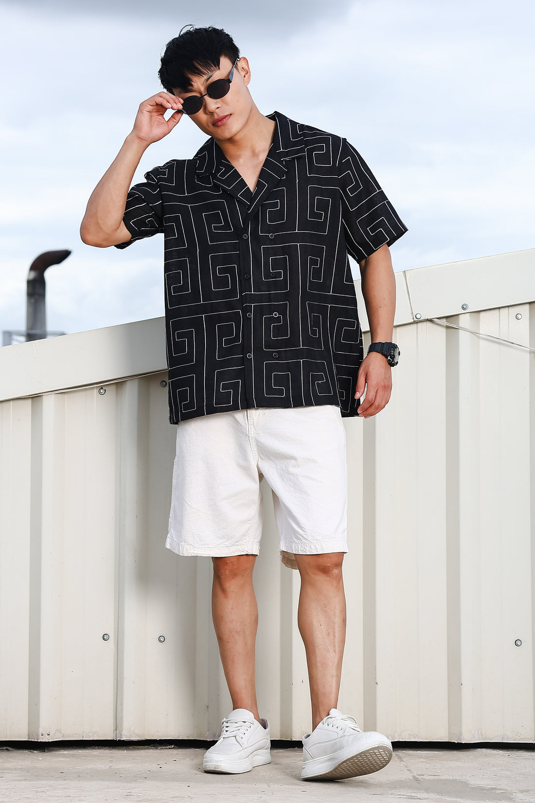 Linen Blend Black Korean Embroidered Notched Lapel Collar Resort Shirt