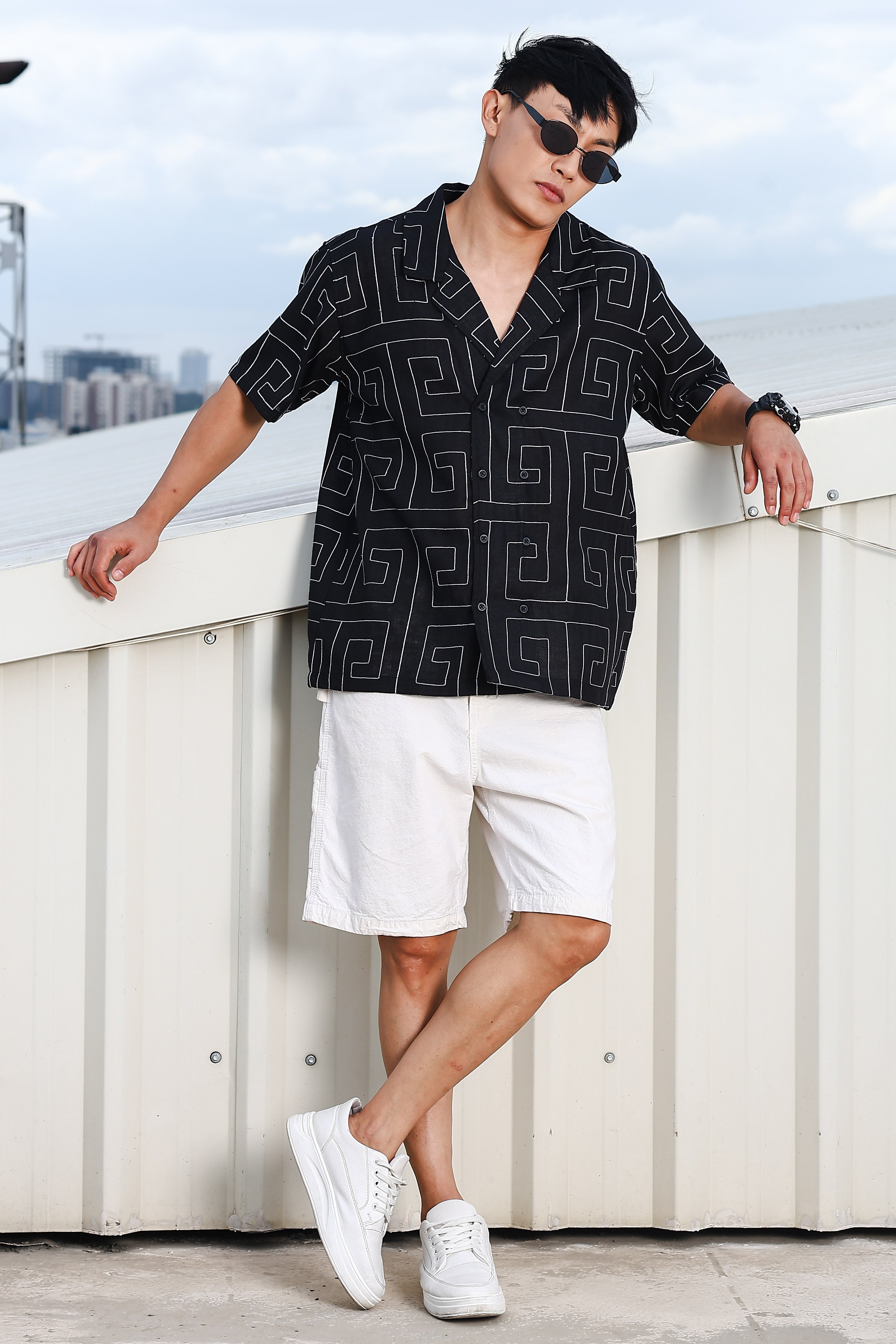 Black Linen Embroidered Notched Lapel Korean Shirt & All Day Pants Co-ord Set