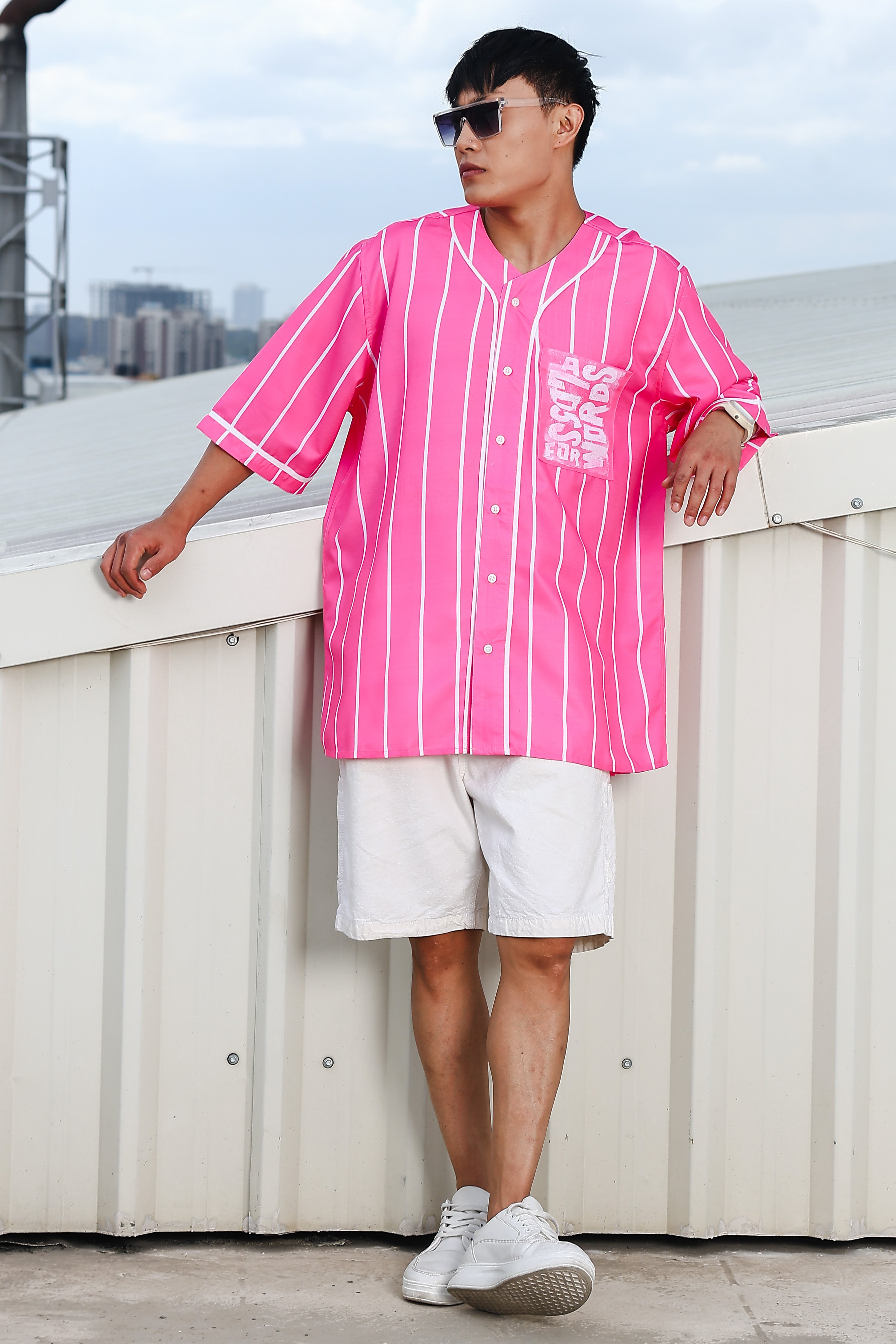 Men Striped Printed Pink Classic Oversized Fit Baseball Shirt