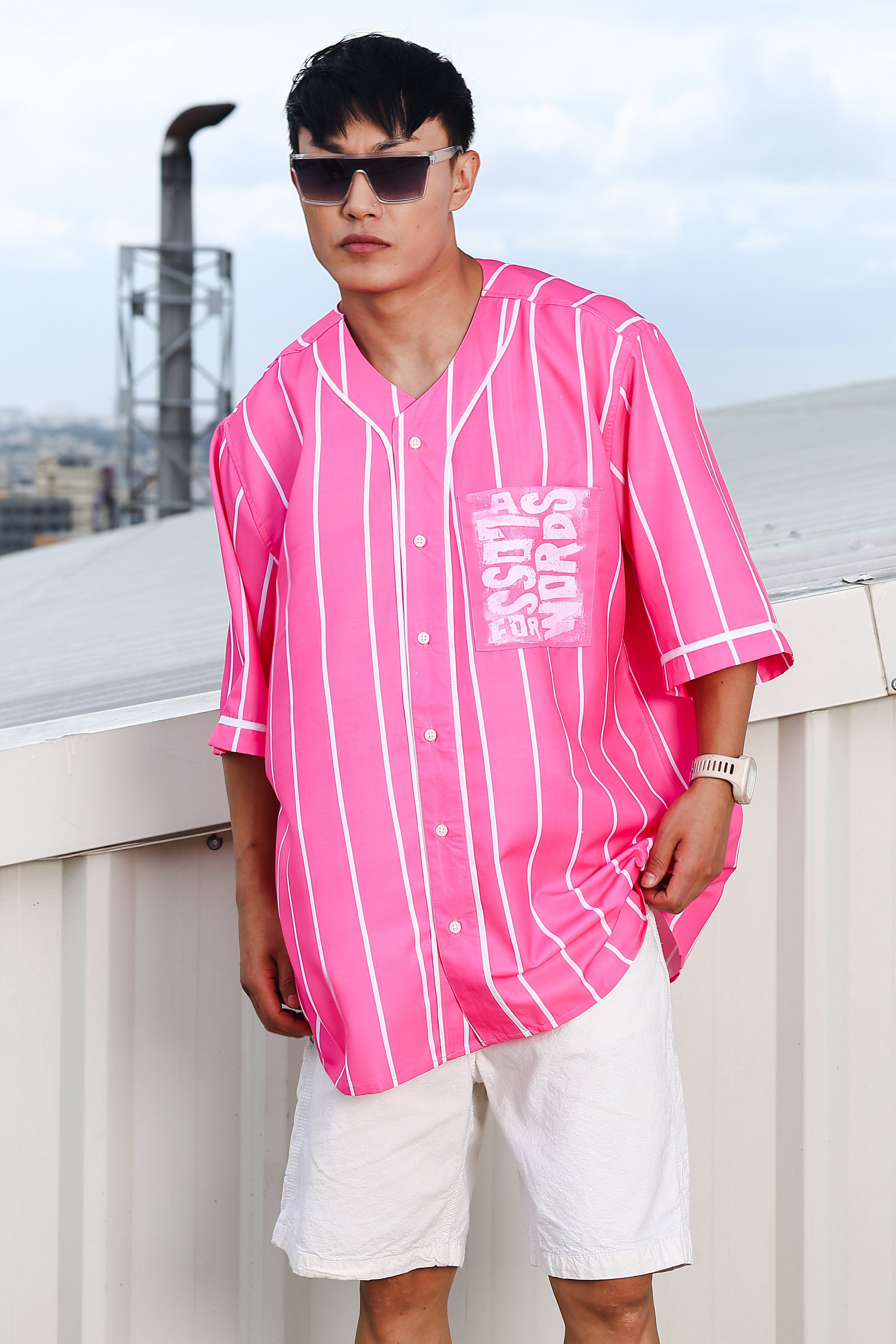 Men Striped Printed Pink Classic Oversized Fit Baseball Shirt