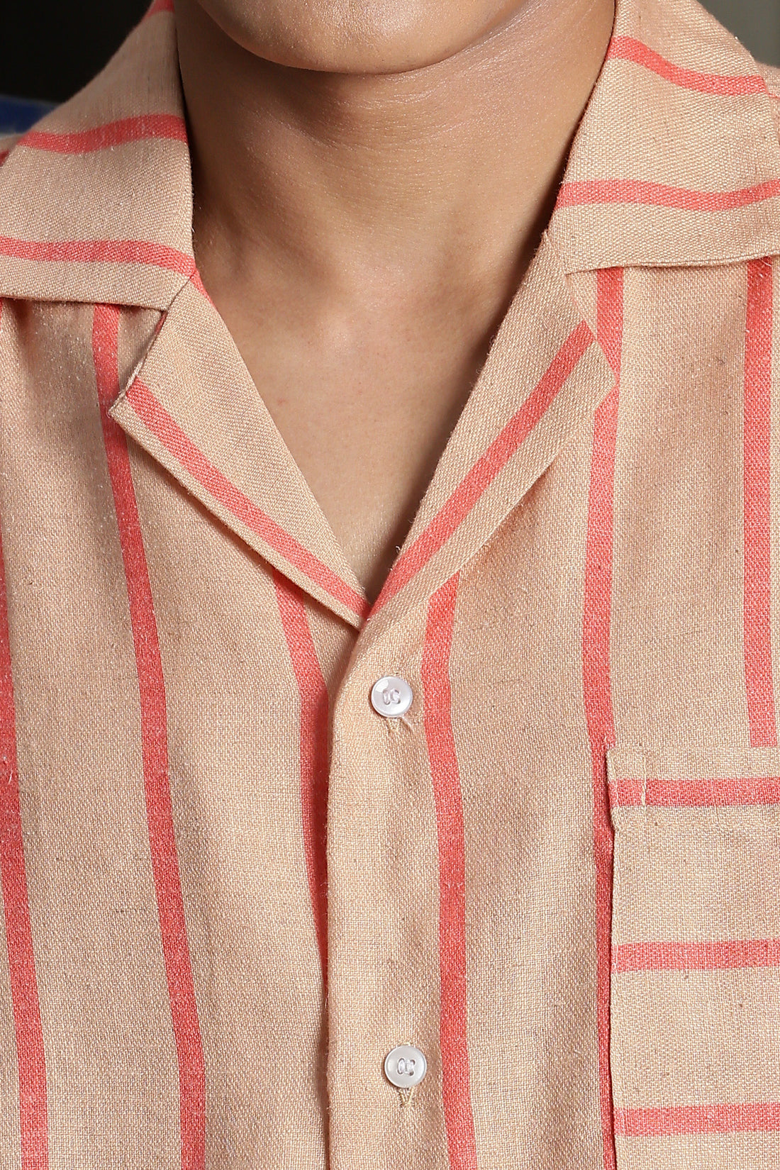Linen Blend Beige Orange Striped Cuban Collar Classic Relaxed Fit Resort Shirt