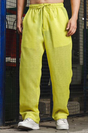 Lime Green Solid Linen-Blend Relaxed Fit Trousers