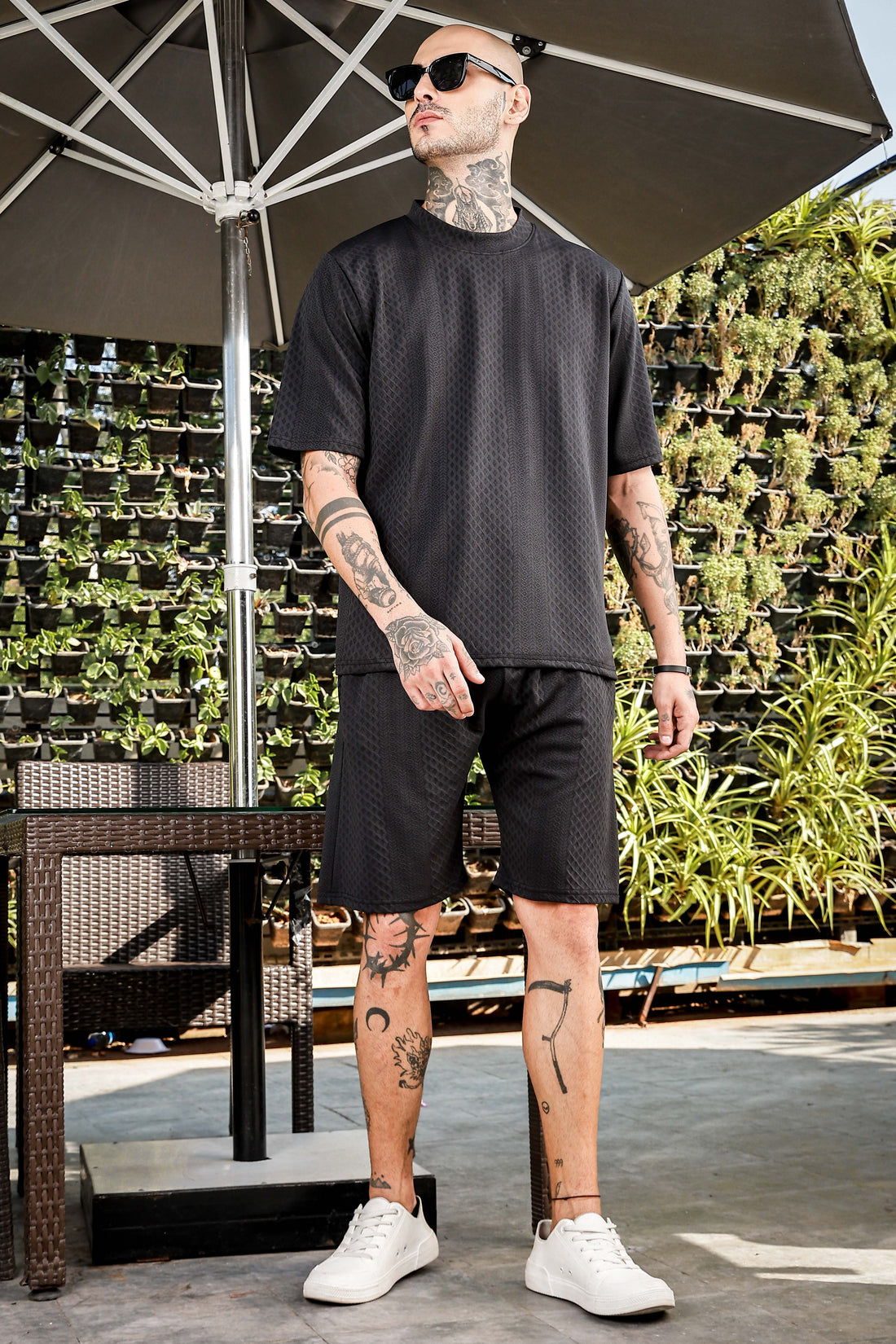 Black Textured Oversized Round Neck Tee  & Shorts Co-ord Set