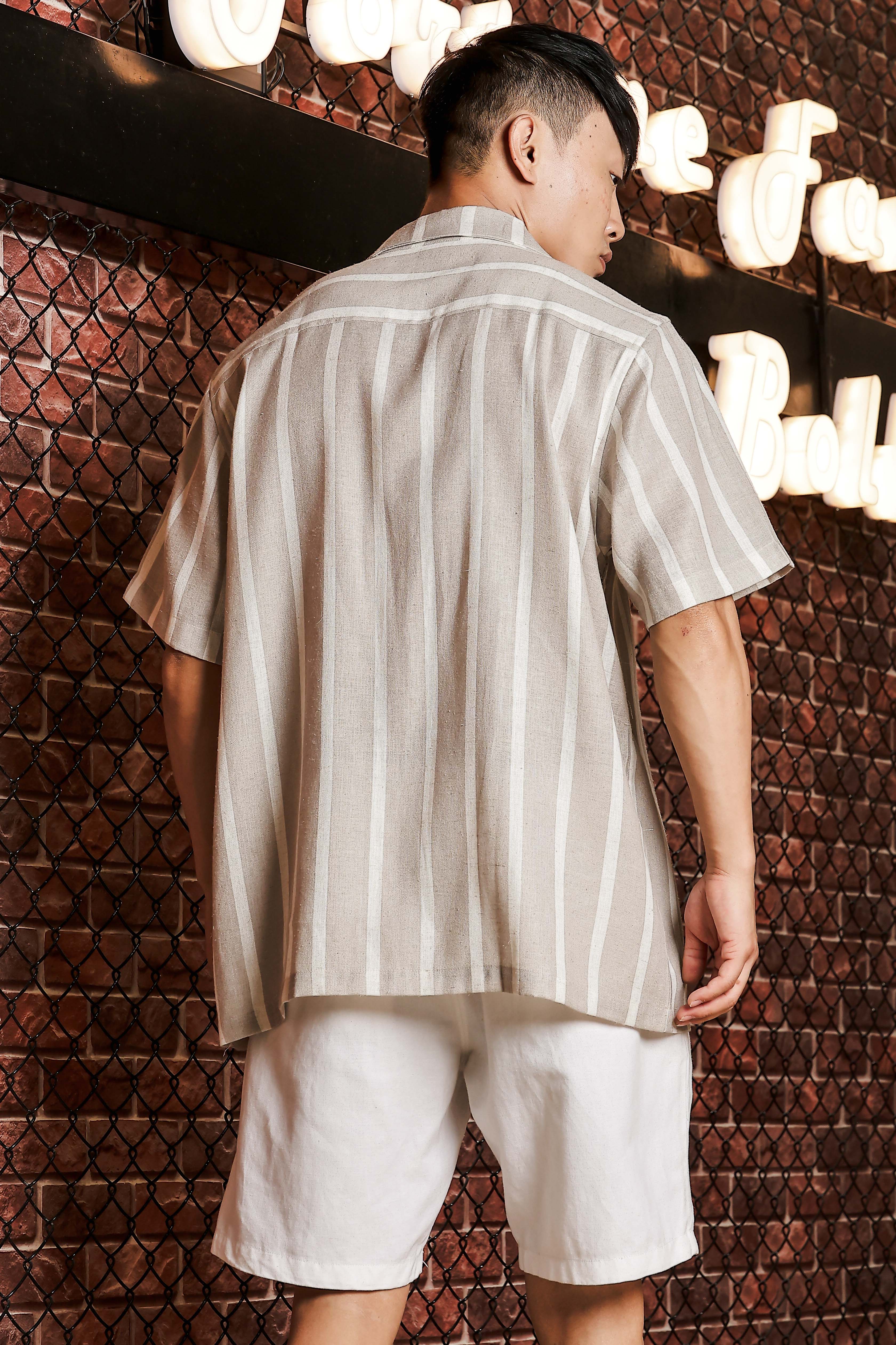 Linen Blend Beige White Striped Cuban Collar Classic Relaxed Fit Resort Shirt