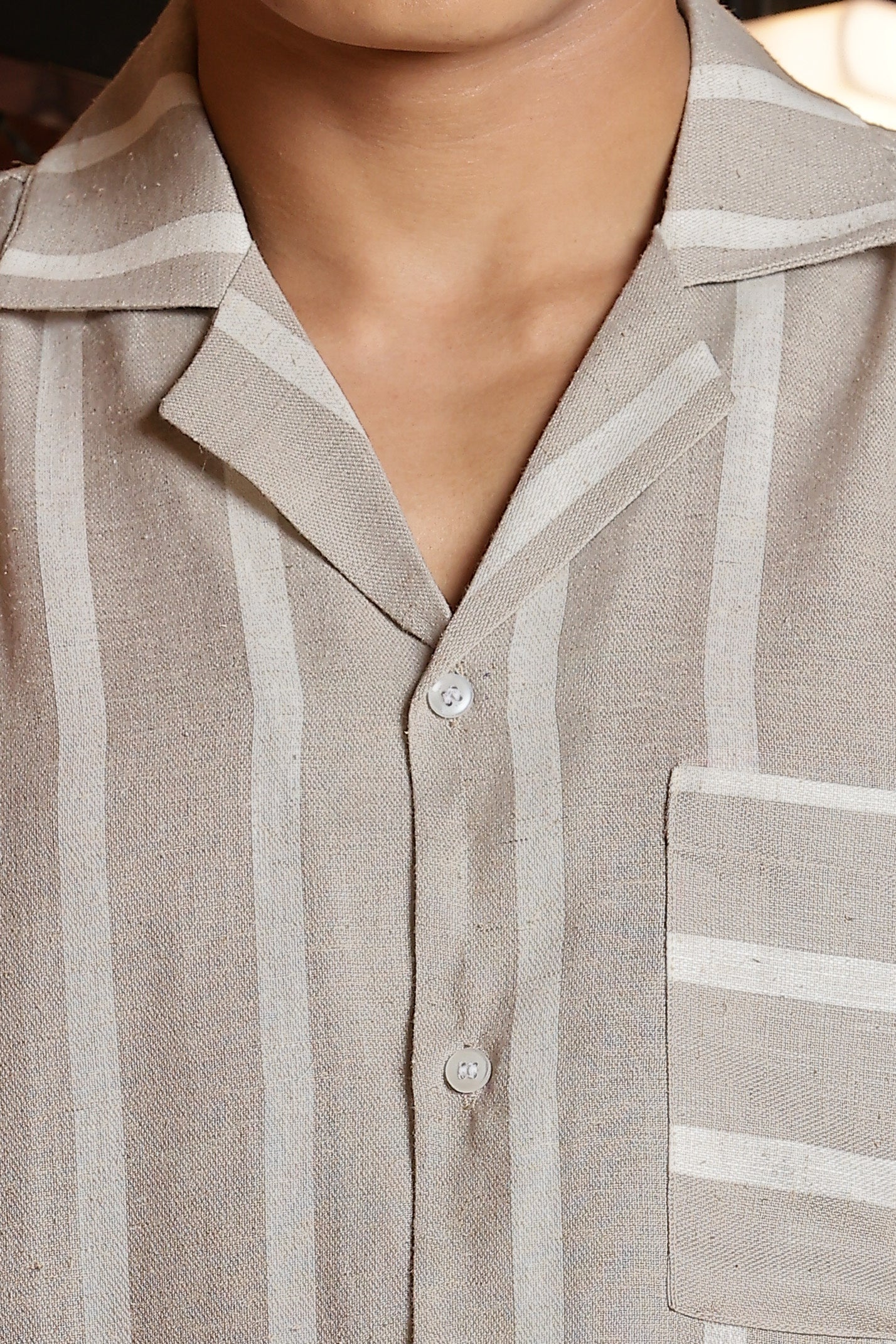 Linen Blend Beige White Striped Cuban Collar Classic Relaxed Fit Resort Shirt