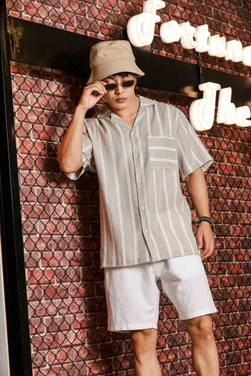 Linen Blend Beige White Striped Cuban Collar Classic Relaxed Fit Resort Shirt