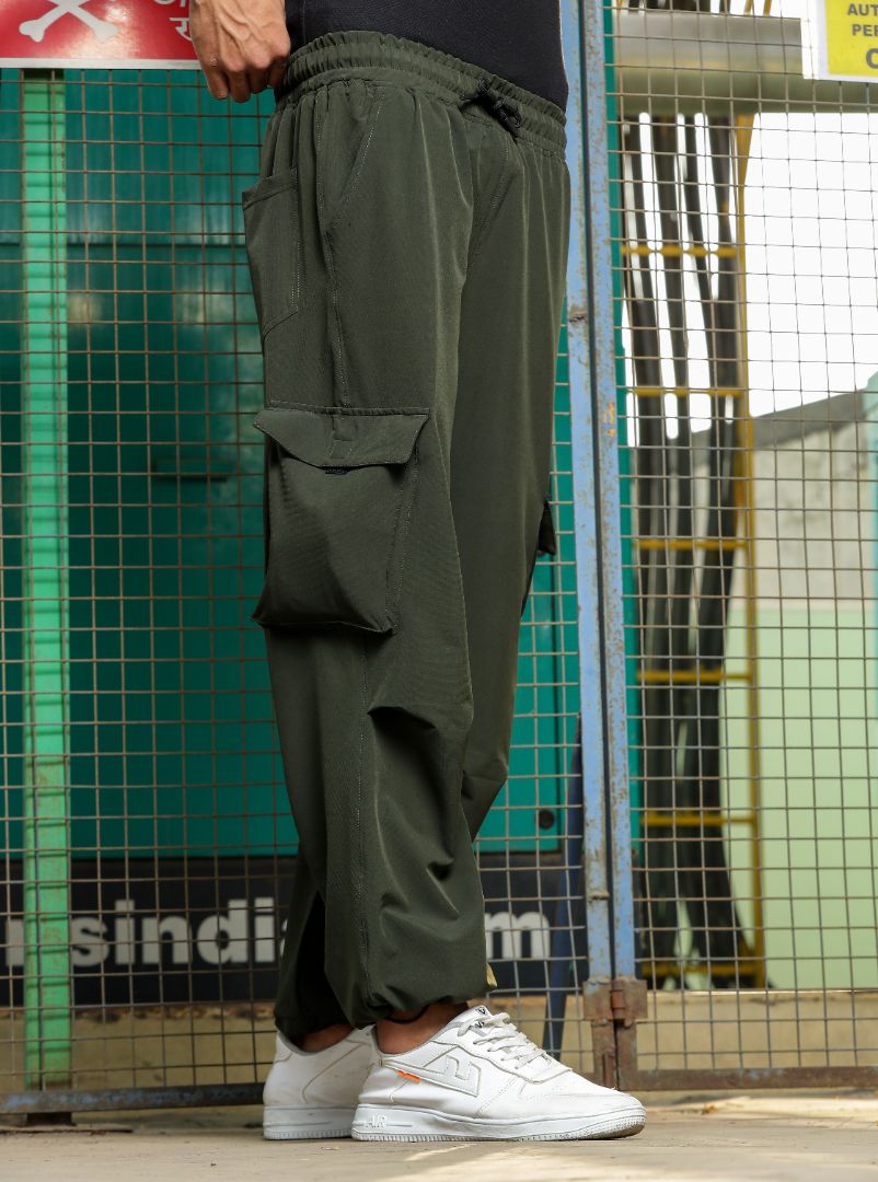 Unisex Baggy Fit Olive Parachute Cargo Trousers - Main Image