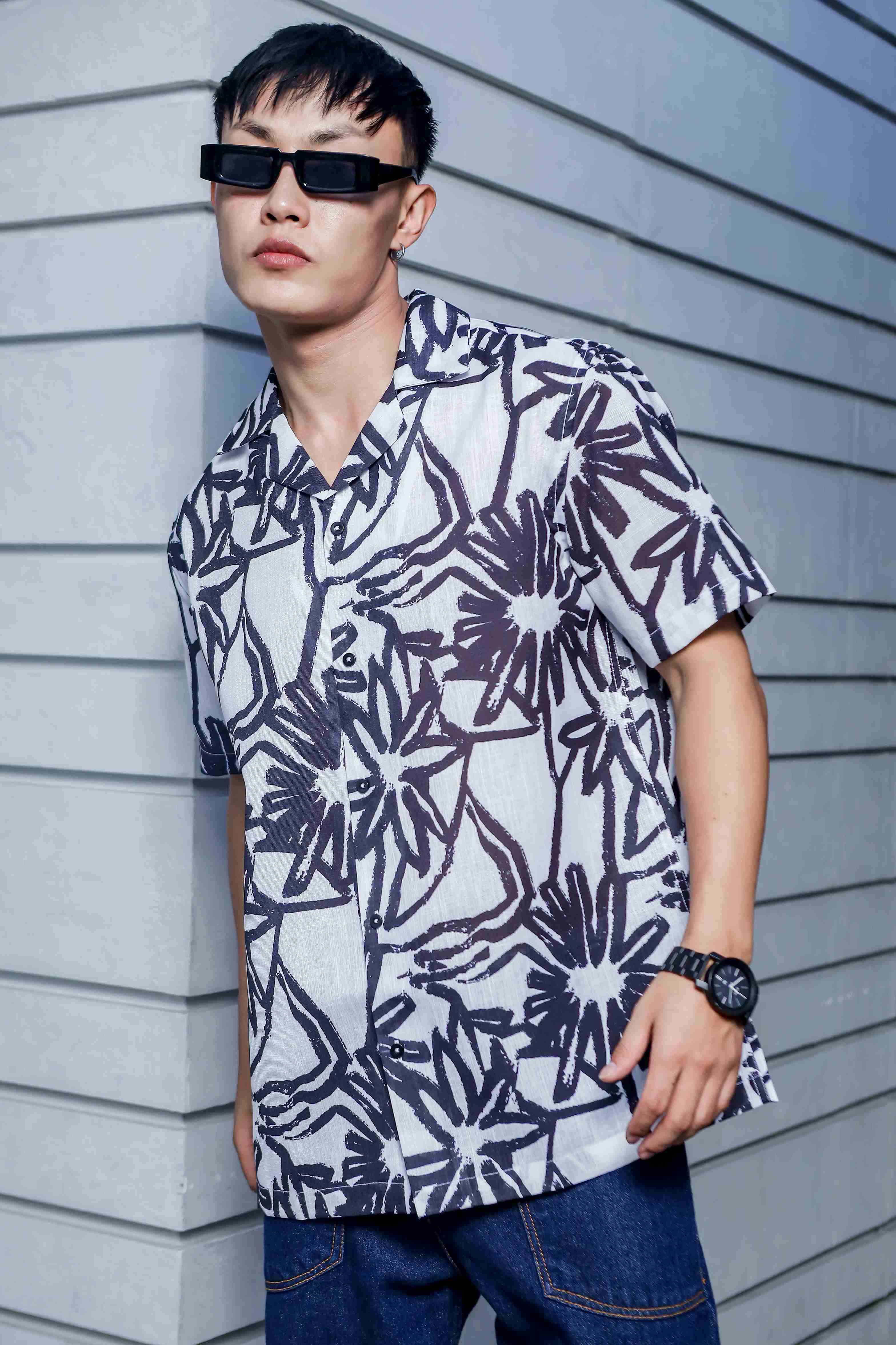 Abstract Floral Print Linen Blend Cuban Collar Oversized Resort Shirt