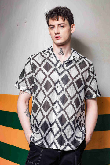 Black Printed Regular Fit Semi Sheer Crochet-Look Resort Shirt