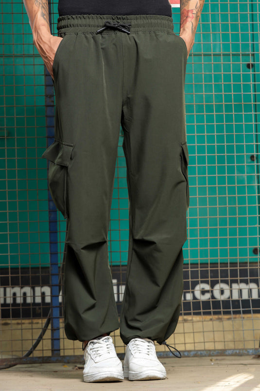 Unisex Baggy Fit Olive Parachute Cargo Trousers