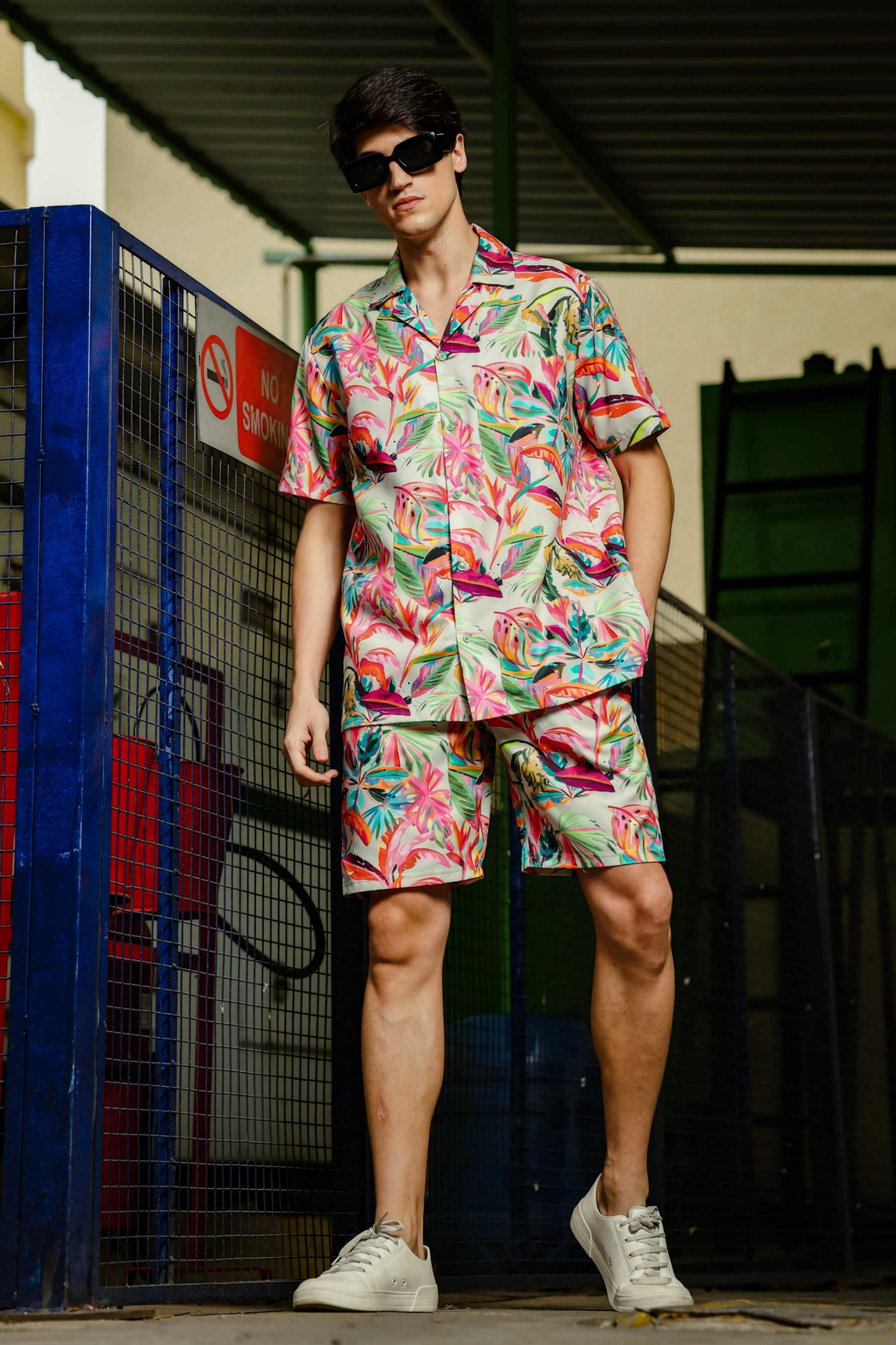 Unisex Beige Tropical Abstract Printed Co-ord Set