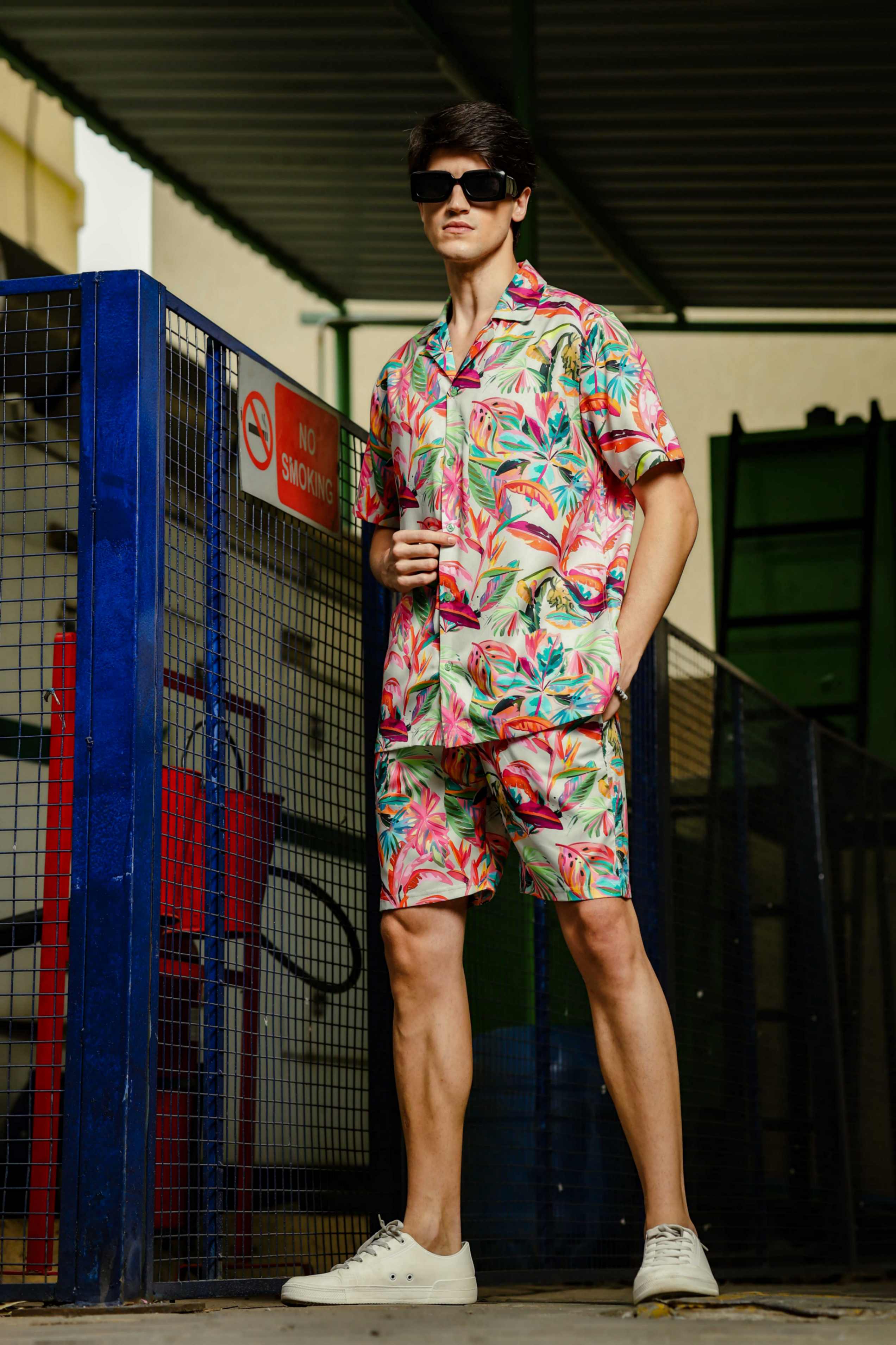 Unisex Beige Tropical Abstract Printed Co-ord Set
