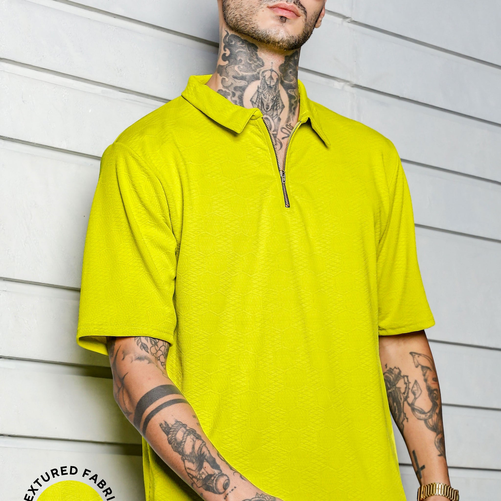 Unisex Lime Green Textured Polo Neck Oversized T-shirt