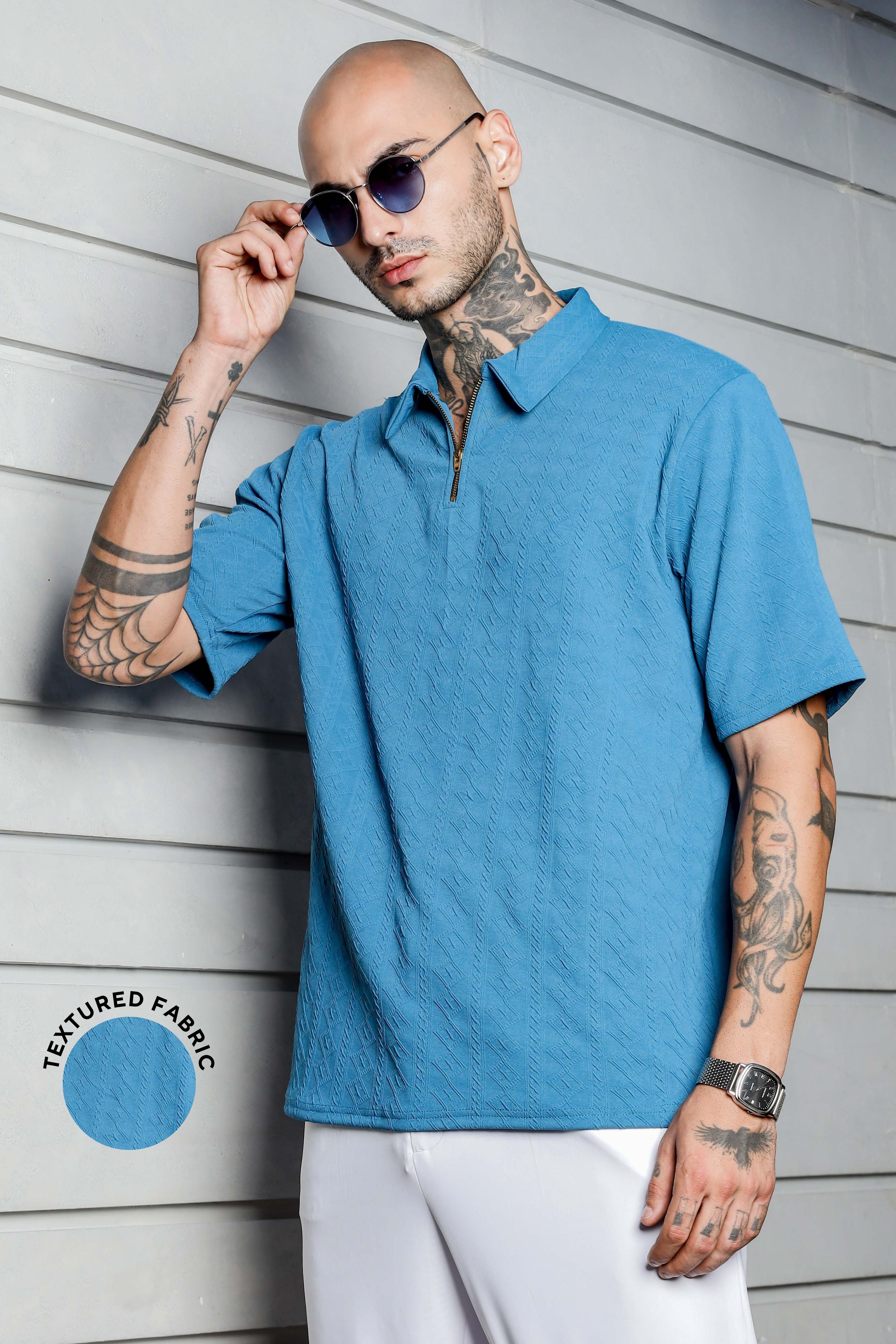 Unisex Blue Textured Polo Neck Oversized T-shirt