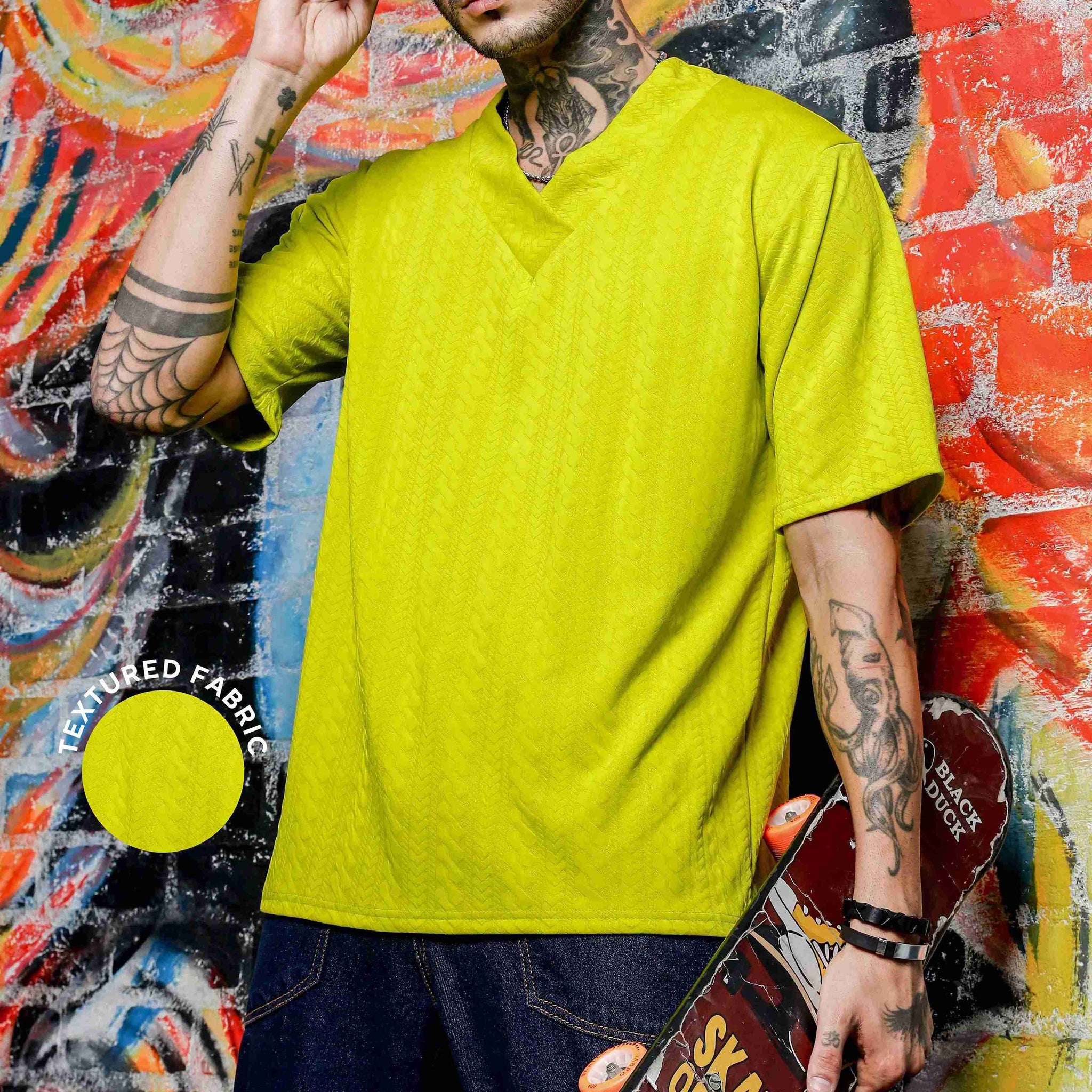 Unisex Lime Green Textured V-Neck Oversized T-shirt