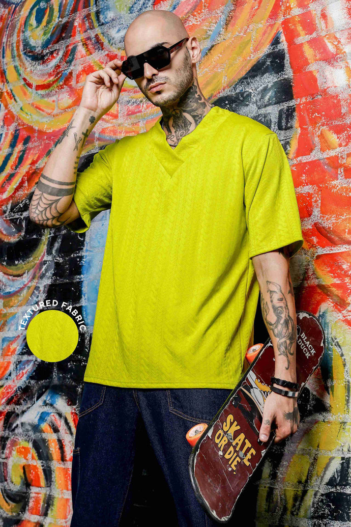 Unisex Lime Green Textured V-Neck Oversized T-shirt