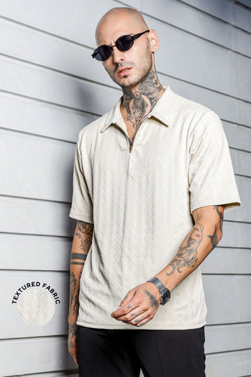 Unisex White Textured Polo Neck Oversized T-shirt