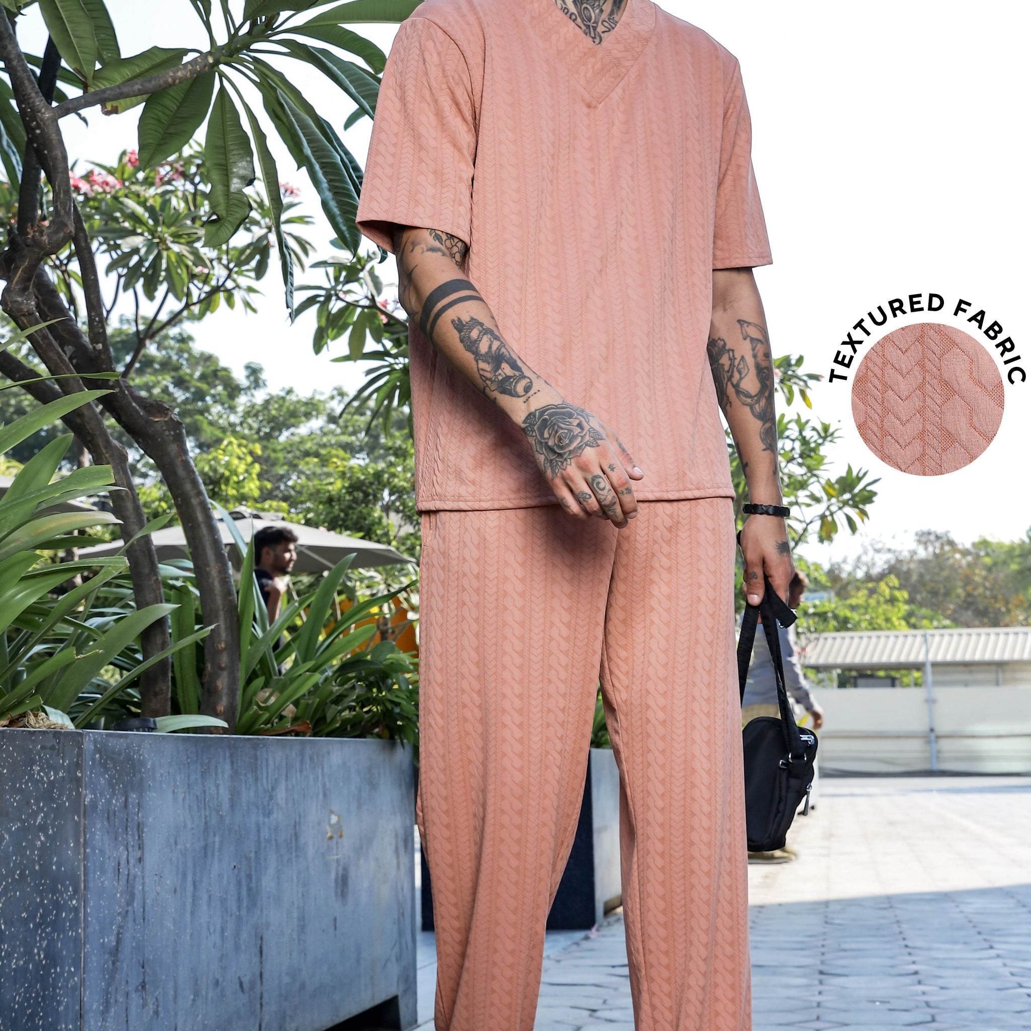Unisex Brown Textured Oversized V-Neck Tee & Trackpant Co-ord Set