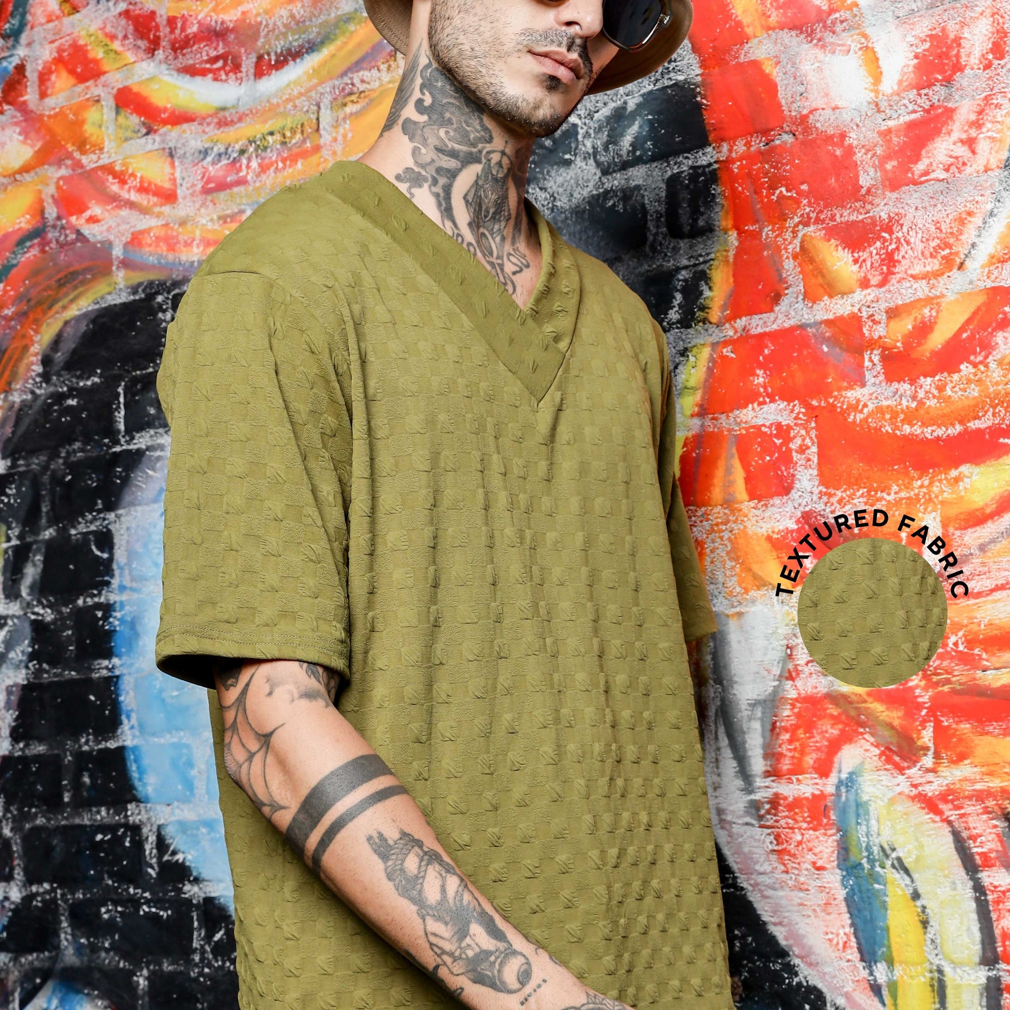 Unisex olive Textured V-Neck Oversized T-shirt