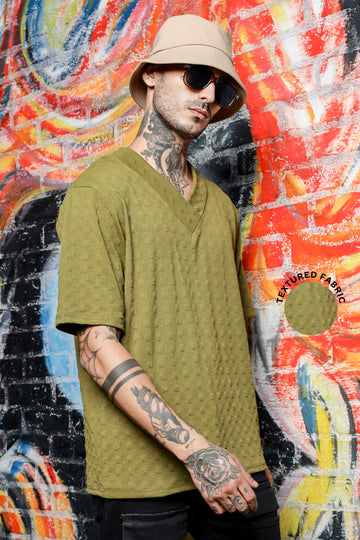 Unisex olive Textured V-Neck Oversized T-shirt