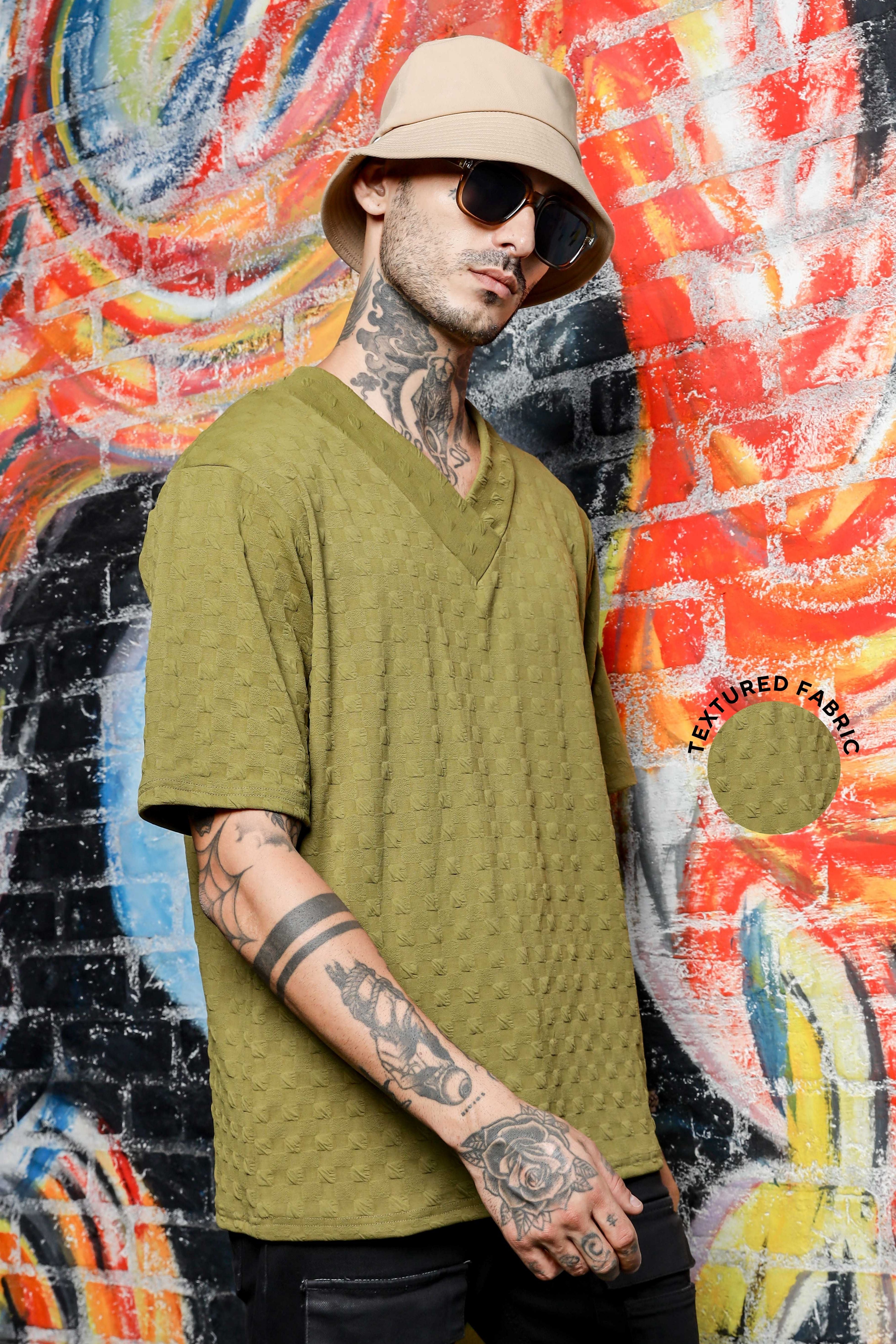 Unisex olive Textured V-Neck Oversized T-shirt