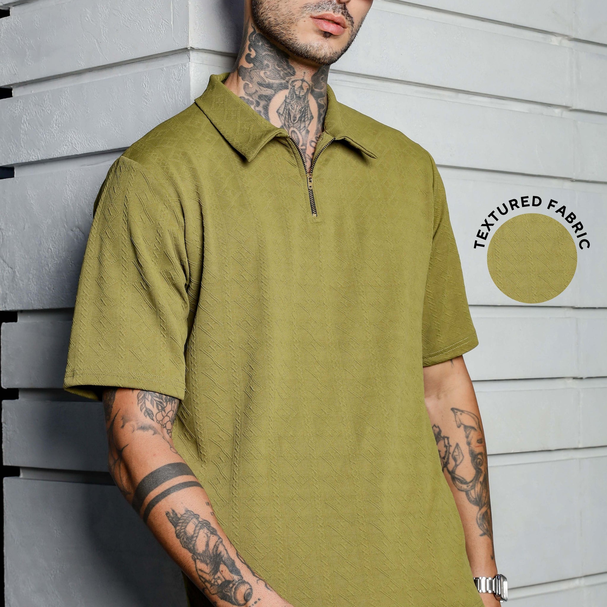 Unisex Olive Textured Polo Neck Oversized T-shirt