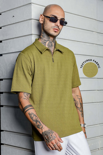 Unisex Olive Textured Polo Neck Oversized T-shirt