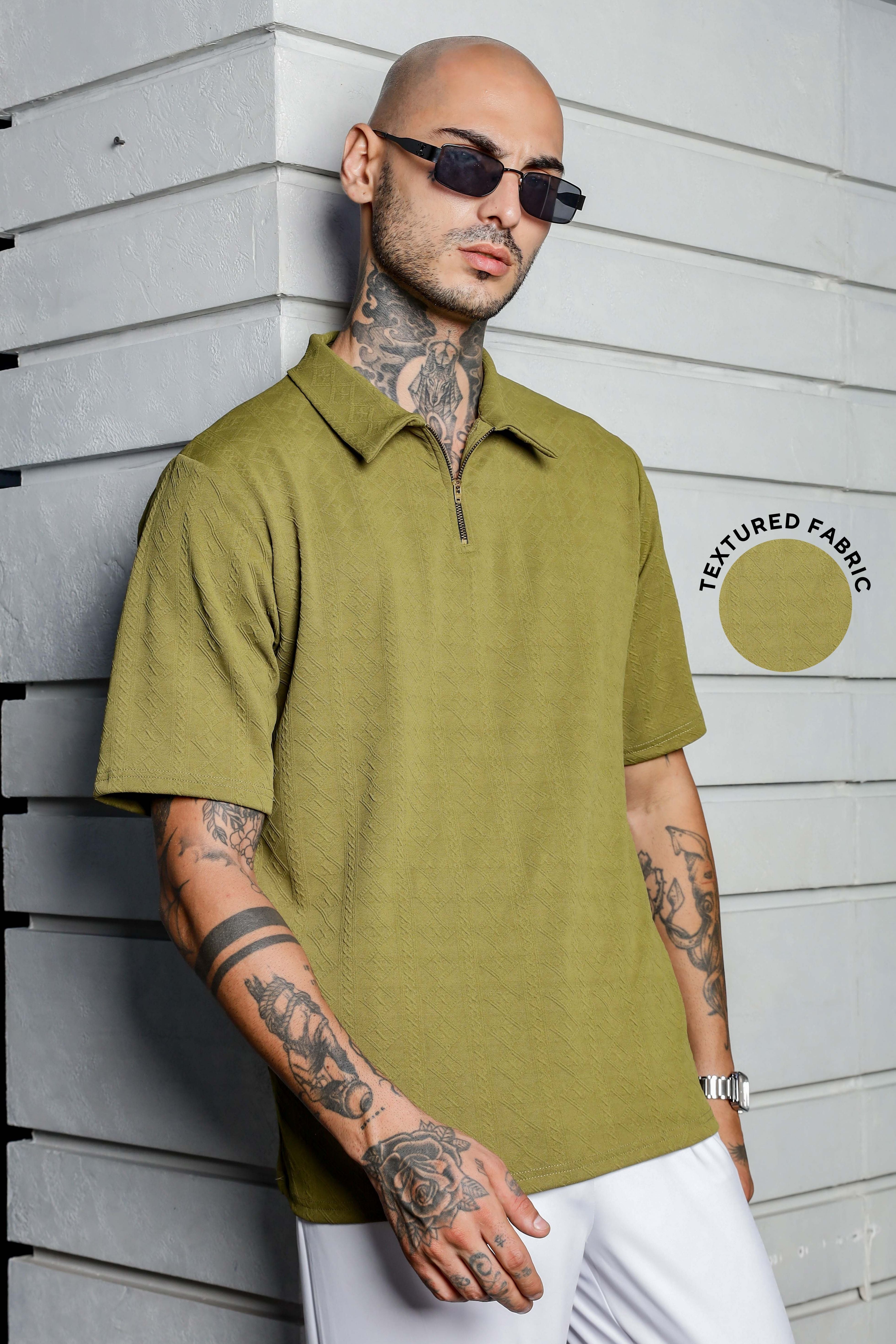 Unisex Olive Textured Polo Neck Oversized T-shirt