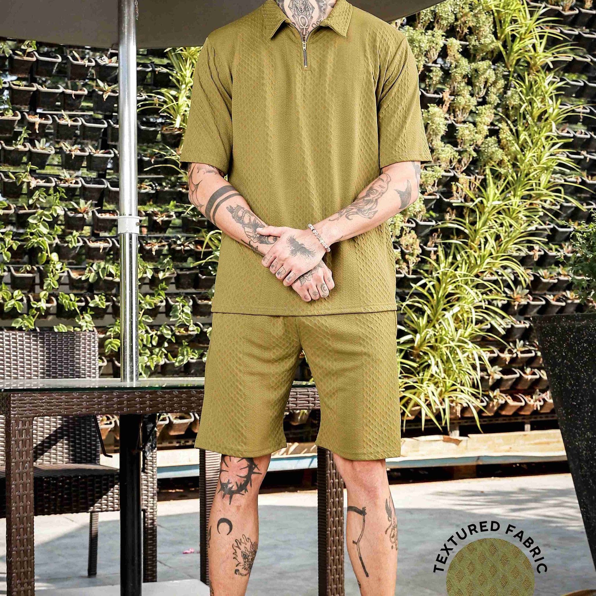 Unisex Olive Textured Oversized Polo Neck Tee & Shorts Co-ord Set