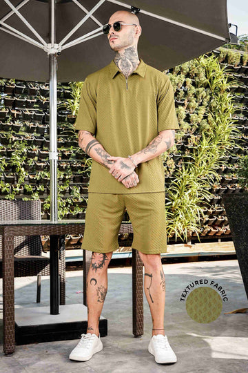 Unisex Olive Textured Oversized Polo Neck Tee & Shorts Co-ord Set