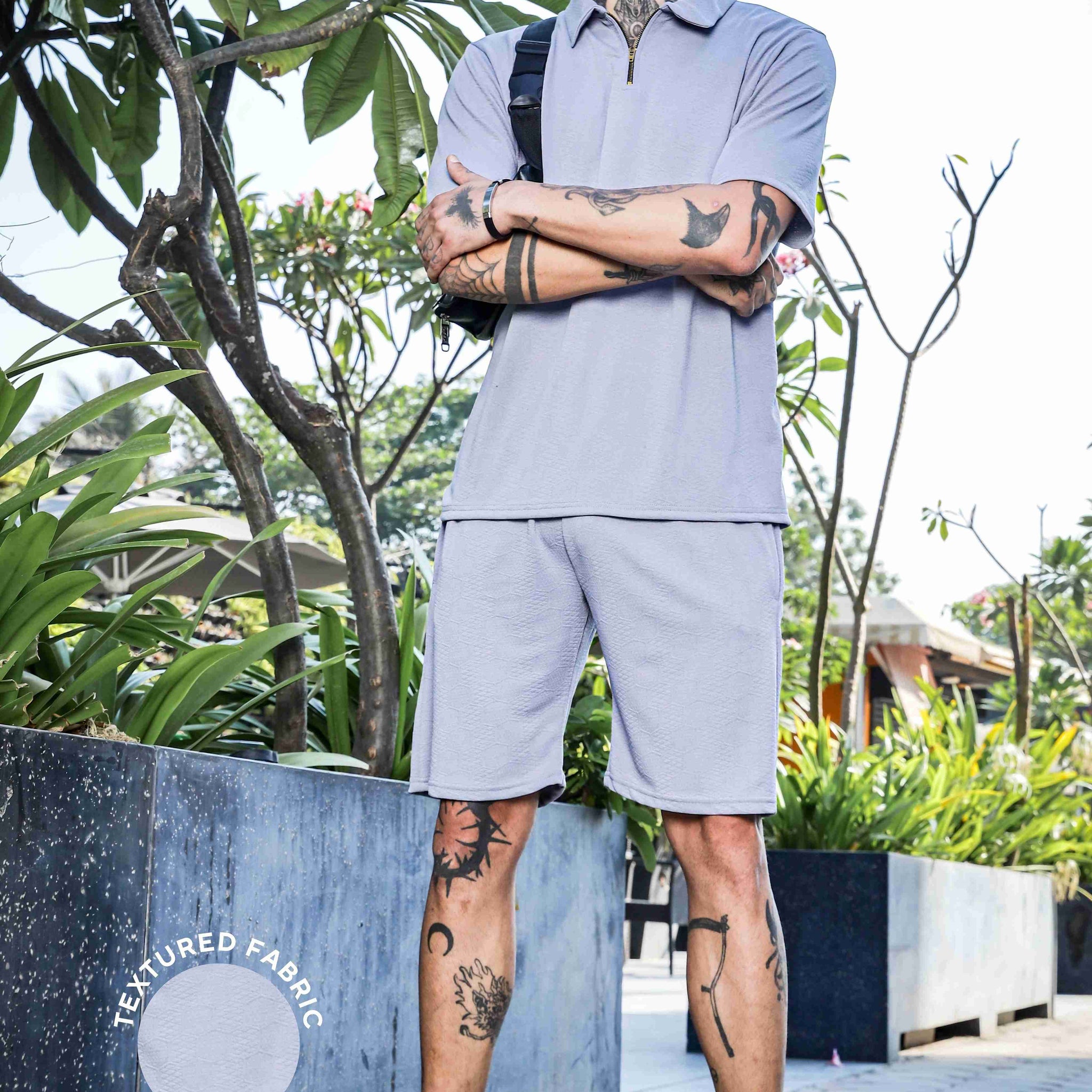 Unisex Grey Textured Oversized Polo Neck Tee & Shorts Co-ord Set