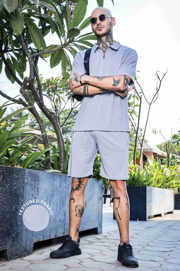 Unisex Grey Textured Oversized Polo Neck Tee & Shorts Co-ord Set