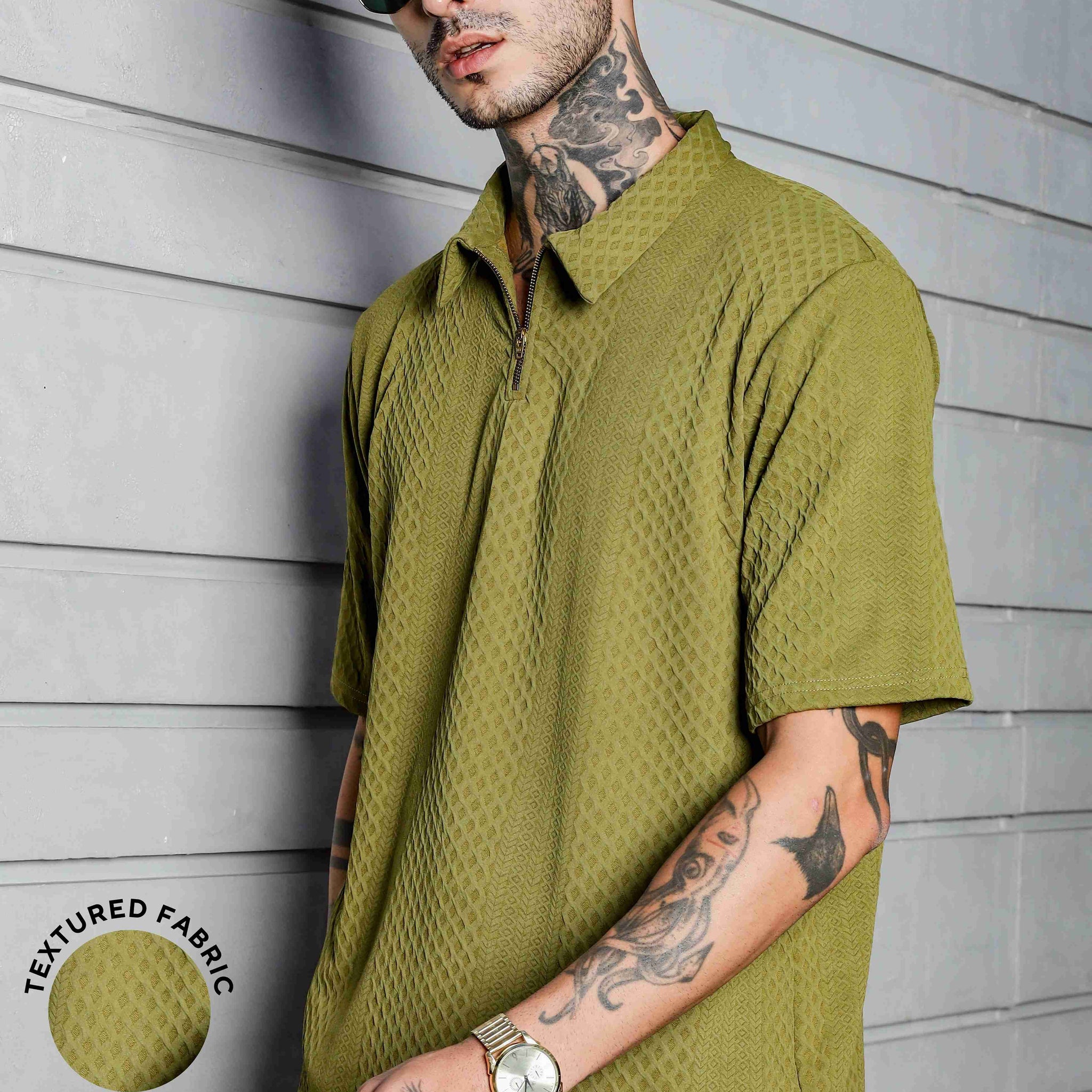 Unisex Olive Textured Polo Neck Oversized T-shirt