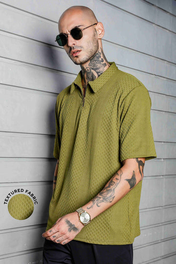 Unisex Olive Textured Polo Neck Oversized T-shirt