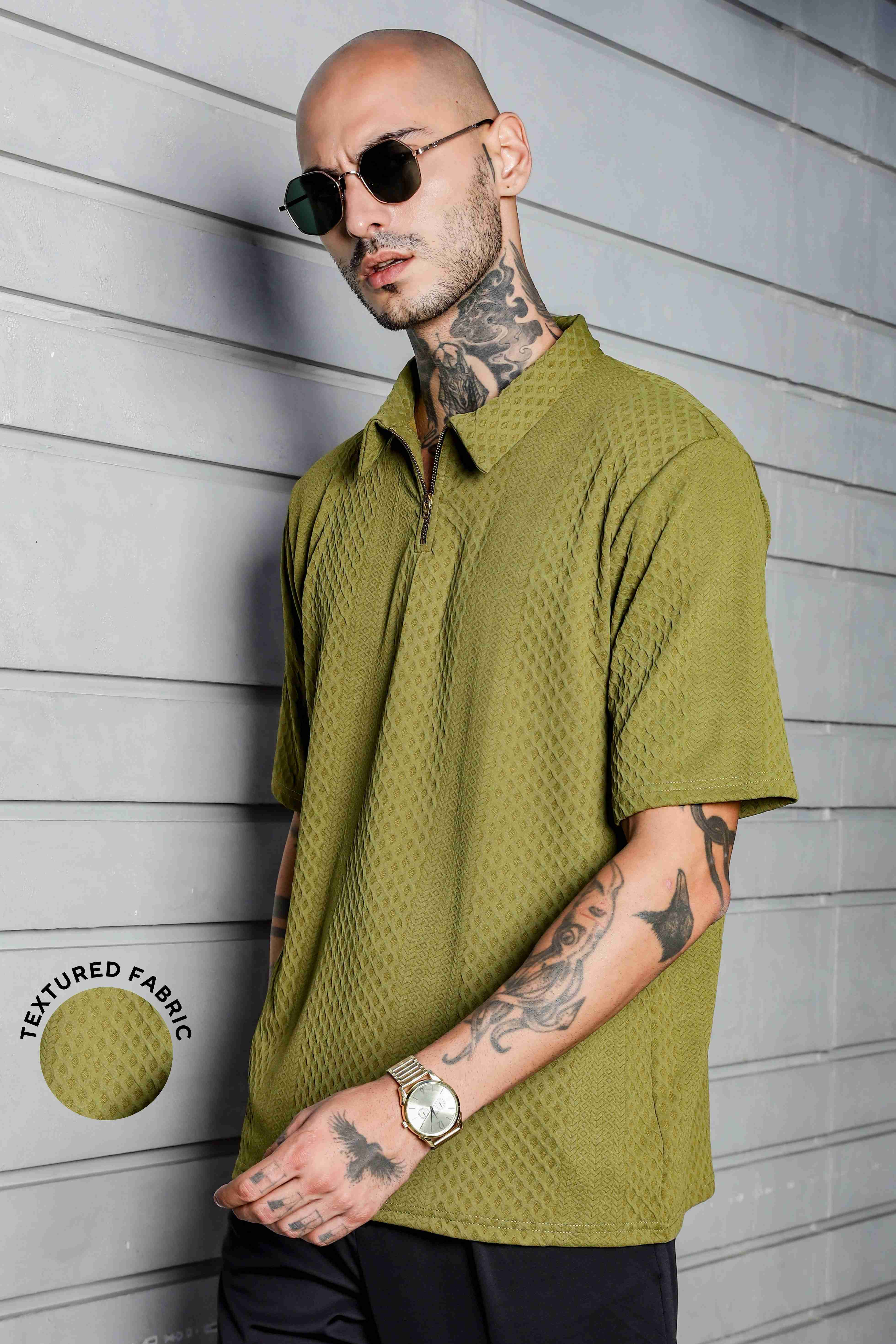 Unisex Olive Textured Polo Neck Oversized T-shirt