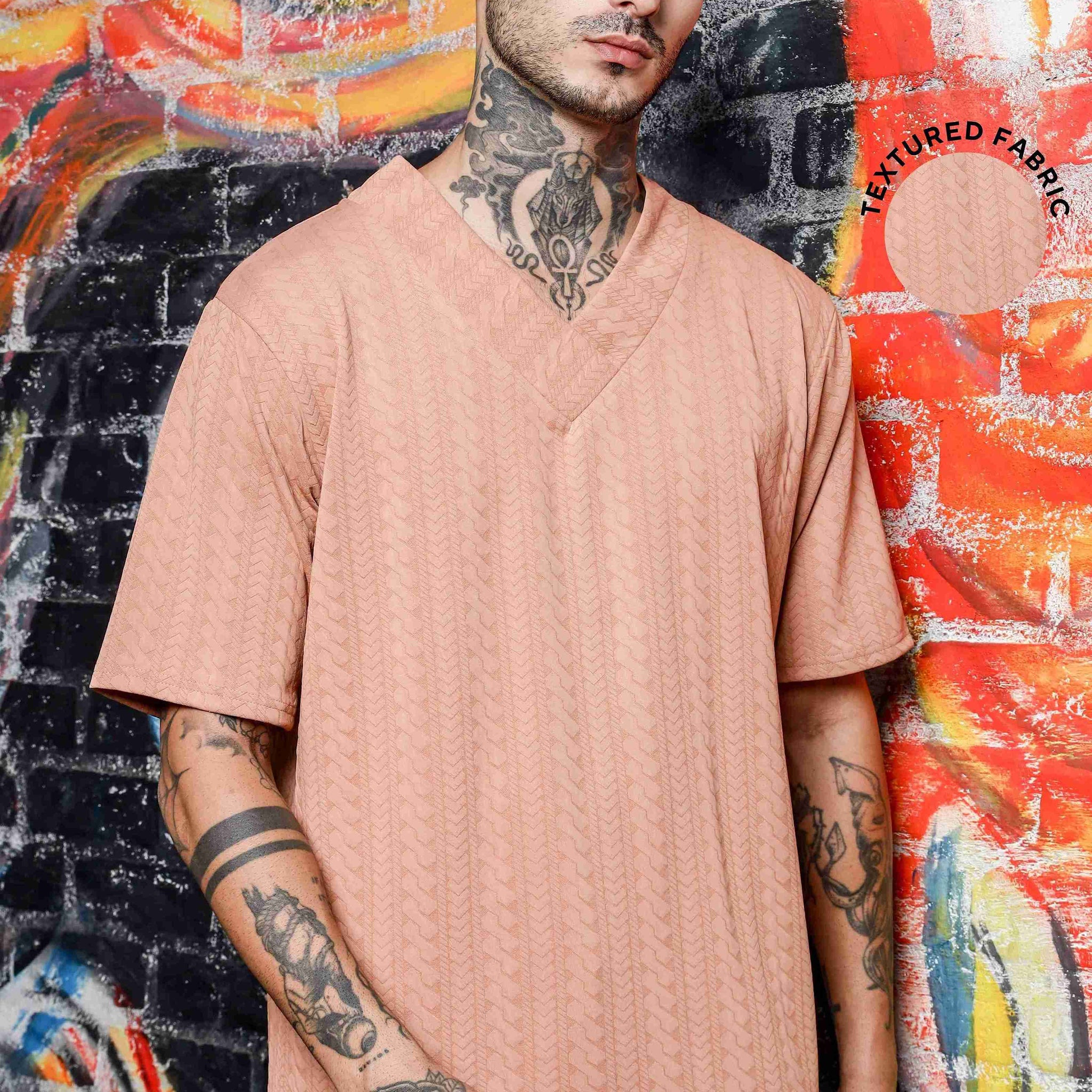Unisex Brown Textured V-Neck Oversized T-shirt