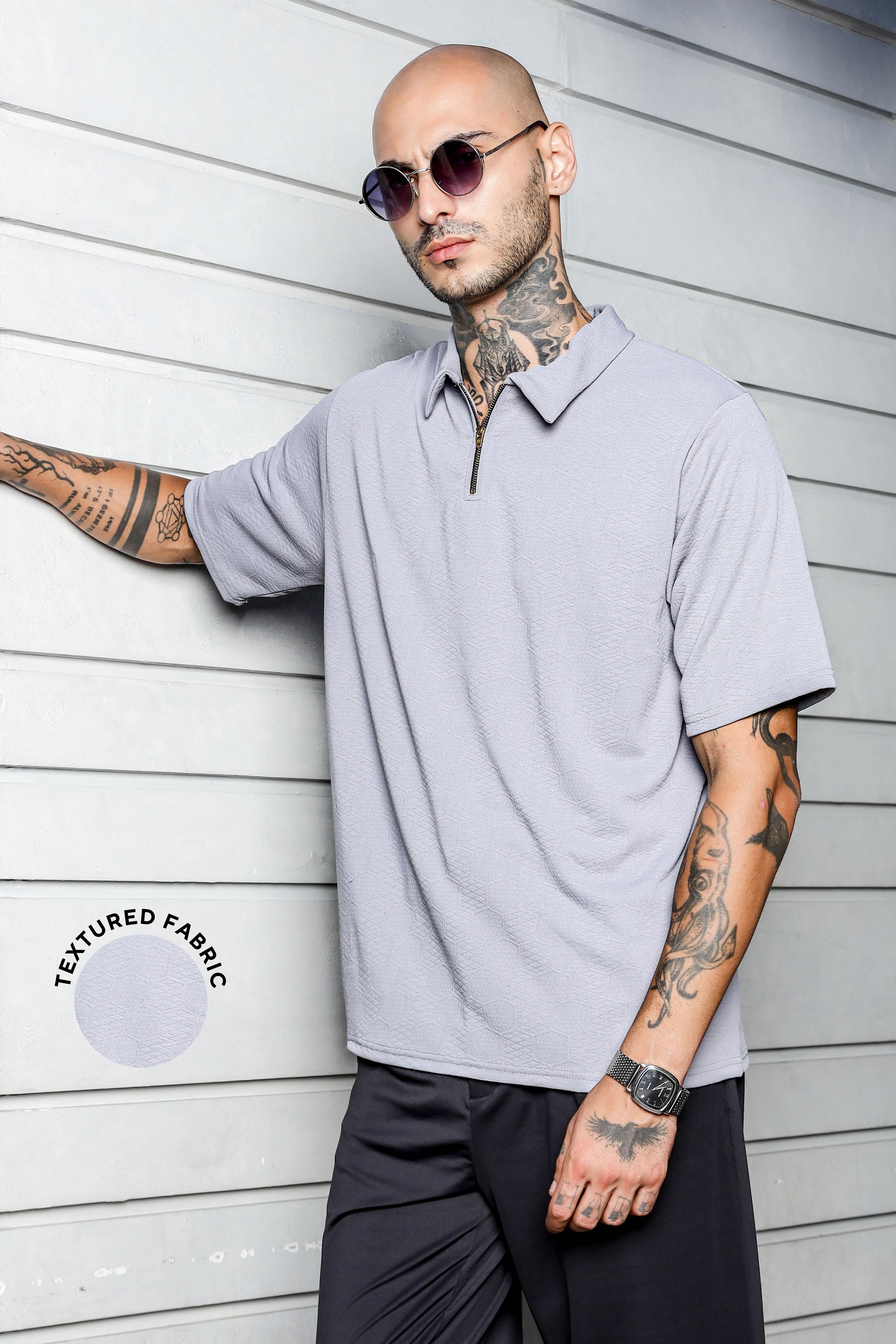 Unisex Grey Textured Polo Neck Oversized T-shirt
