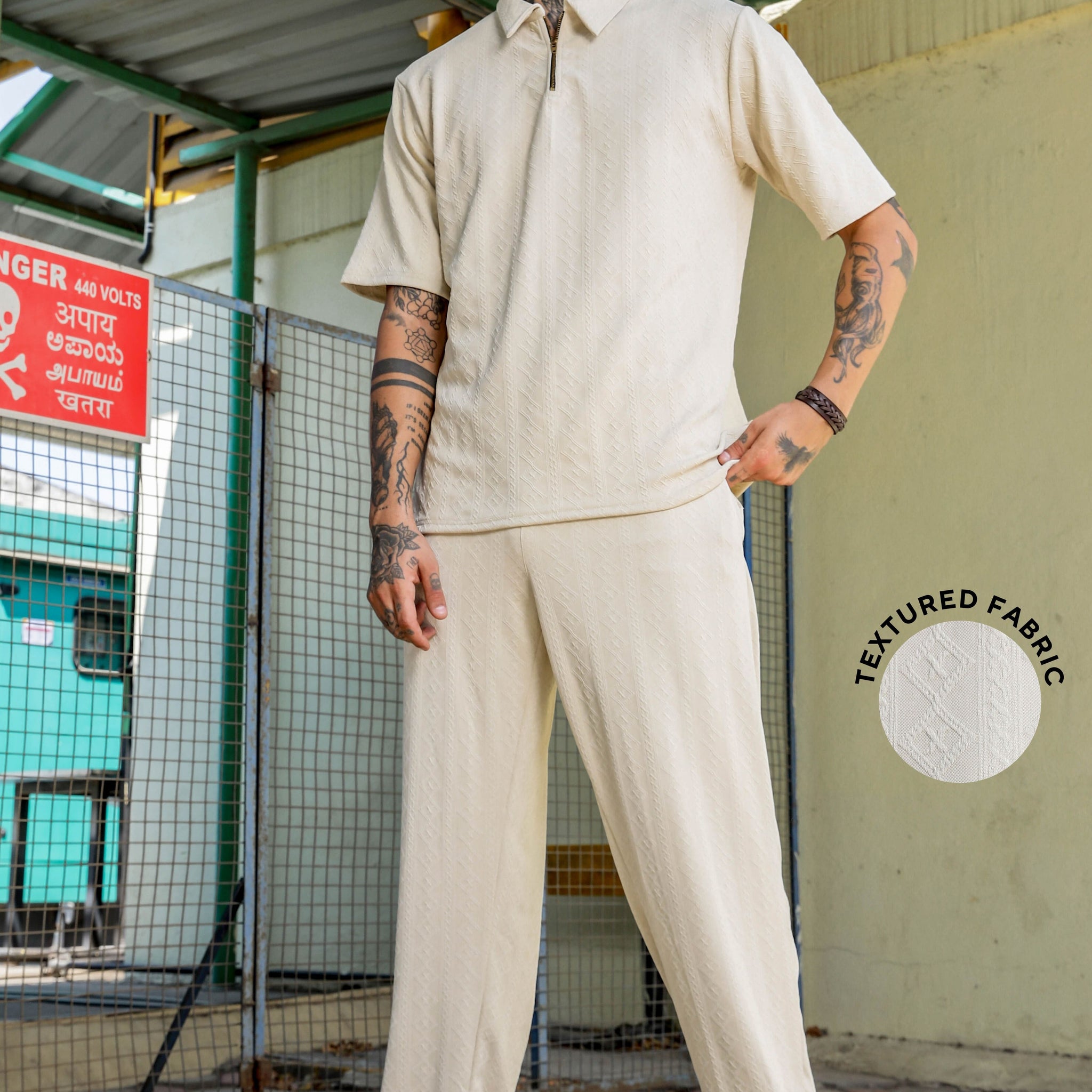 Unisex White Textured Oversized Polo Neck Tee & Trackpant Co-ord Set