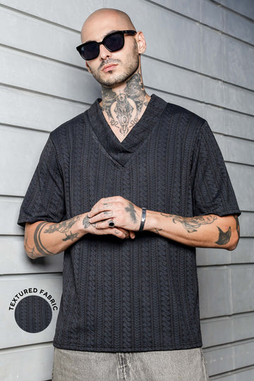 Unisex Black Textured V-Neck Oversized T-shirt