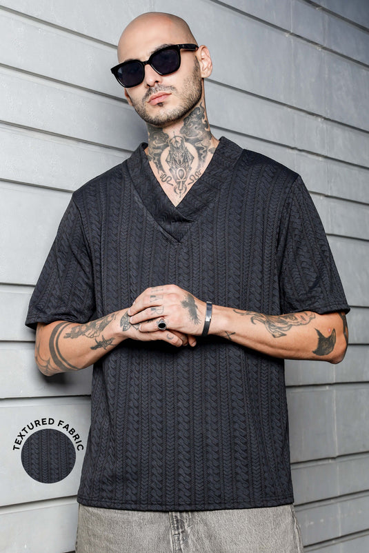Unisex Black Textured V-Neck Oversized T-shirt
