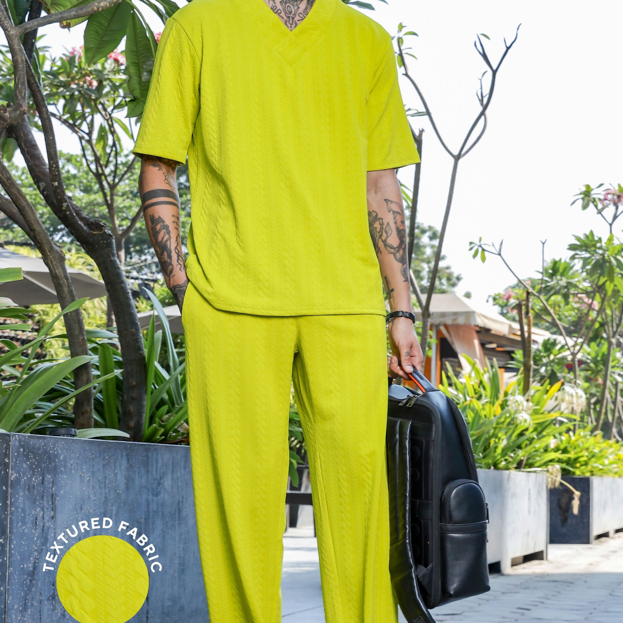 Unisex Lime Green Textured Oversized V-Neck Tee & Trackpant Co-ord Set