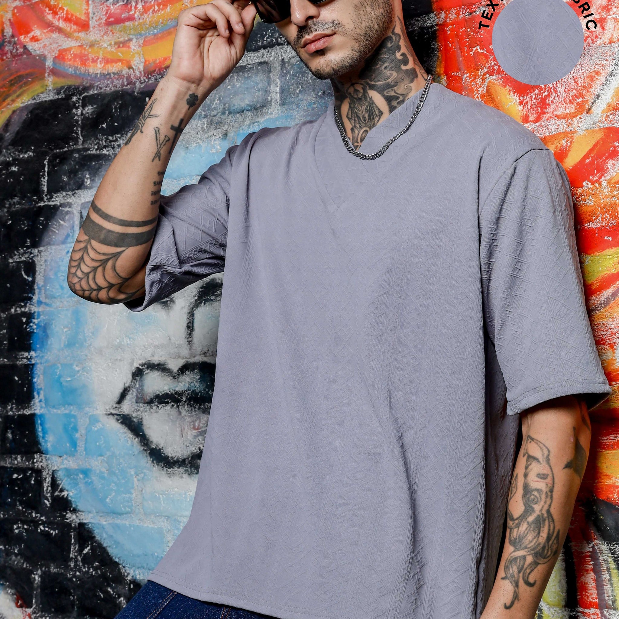 Unisex Grey Textured V-Neck Oversized T-shirt