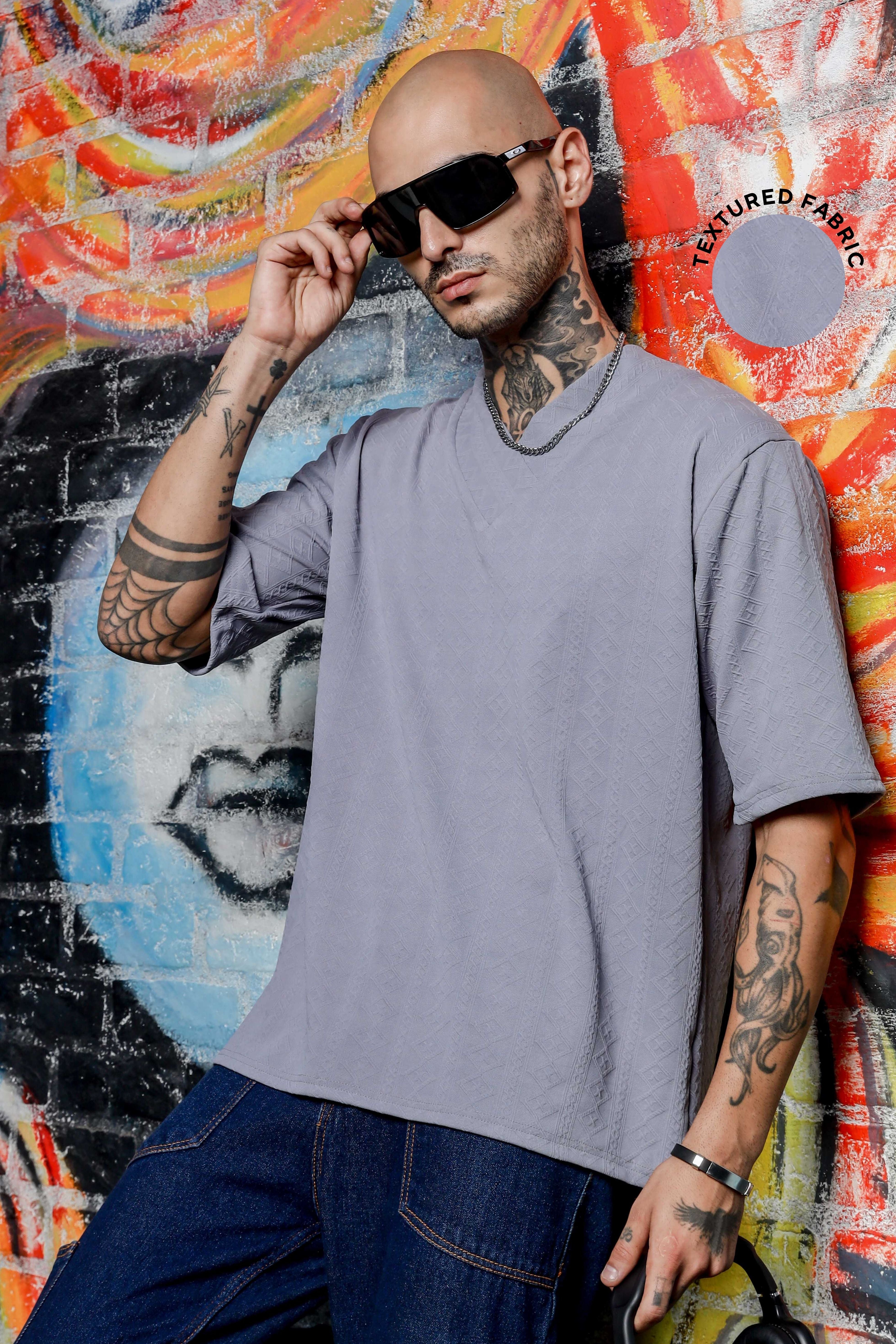Unisex Grey Textured V-Neck Oversized T-shirt