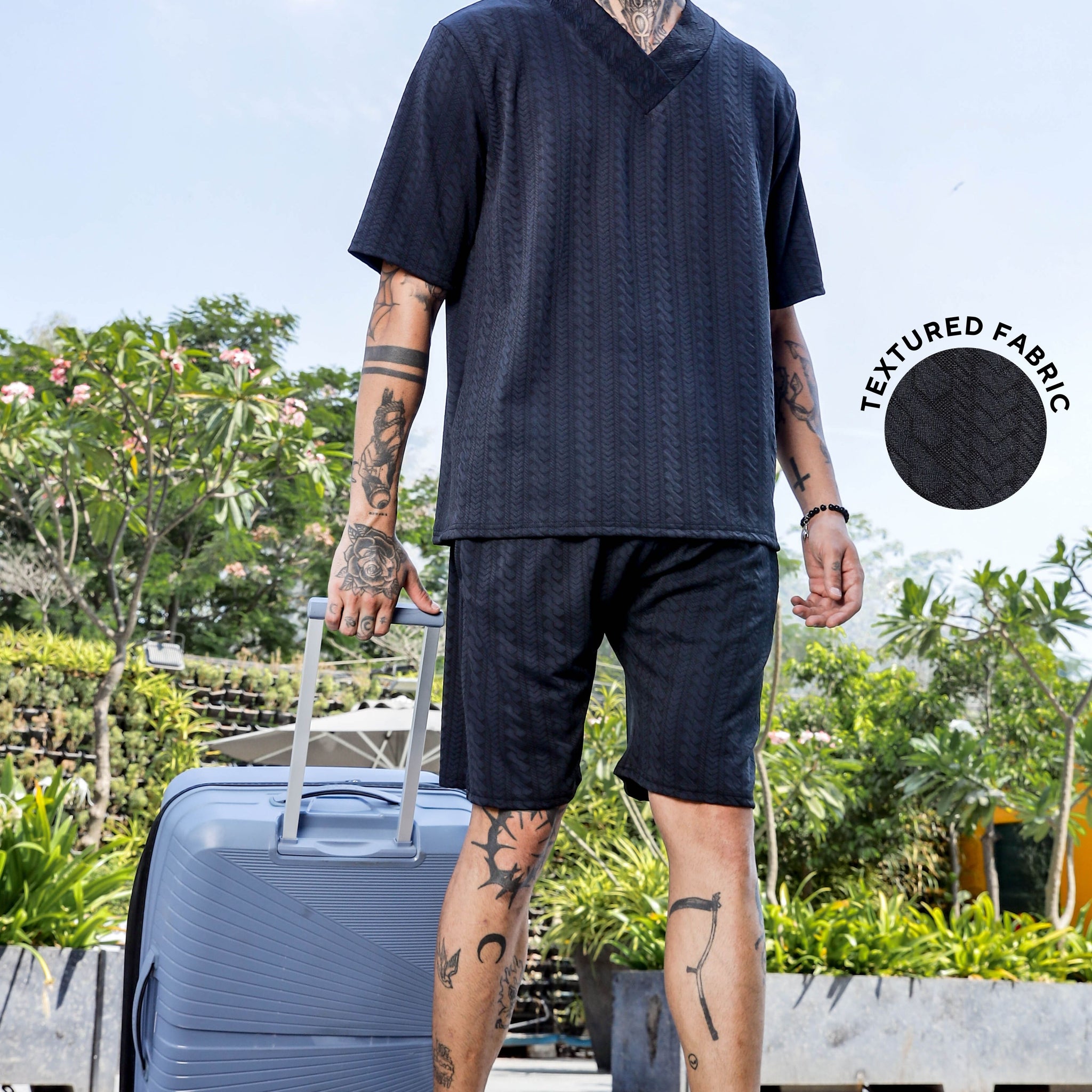 Unisex Black Textured Oversized V-Neck Tee & Shorts Co-ord Set