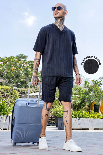 Unisex Black Textured Oversized V-Neck Tee & Shorts Co-ord Set