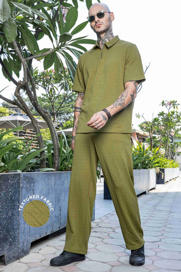 Unisex Olive Textured Oversized Polo Neck Tee & Track-pant Co-ord Set