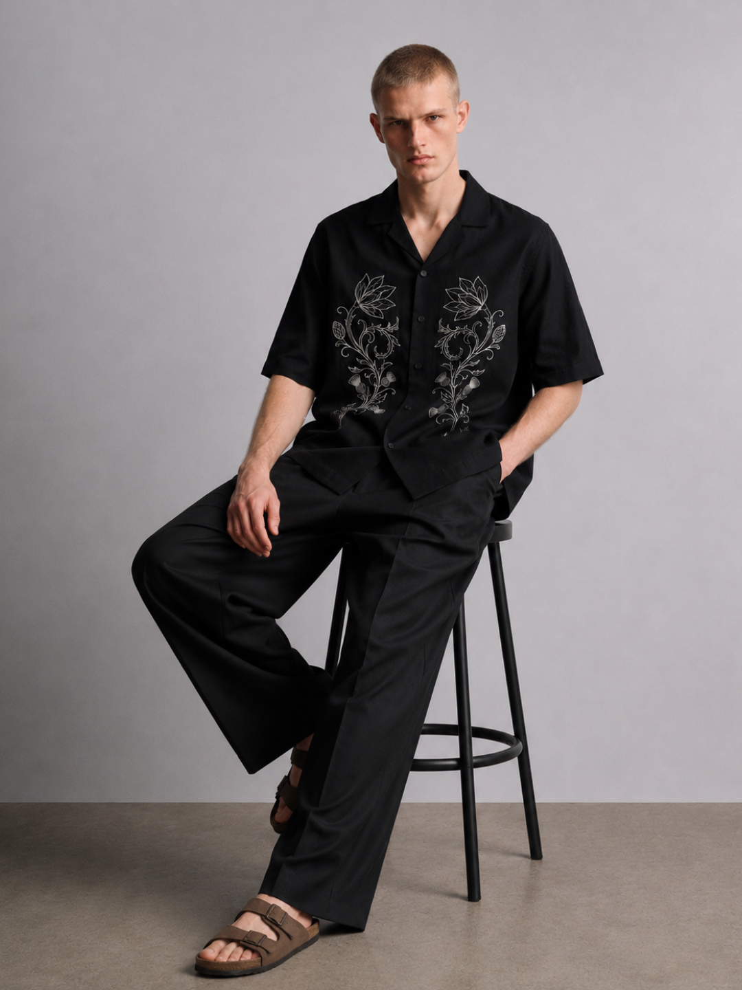 Black Embroidered Relax Fit Oversized Half Sleeve Casual Resort Shirt